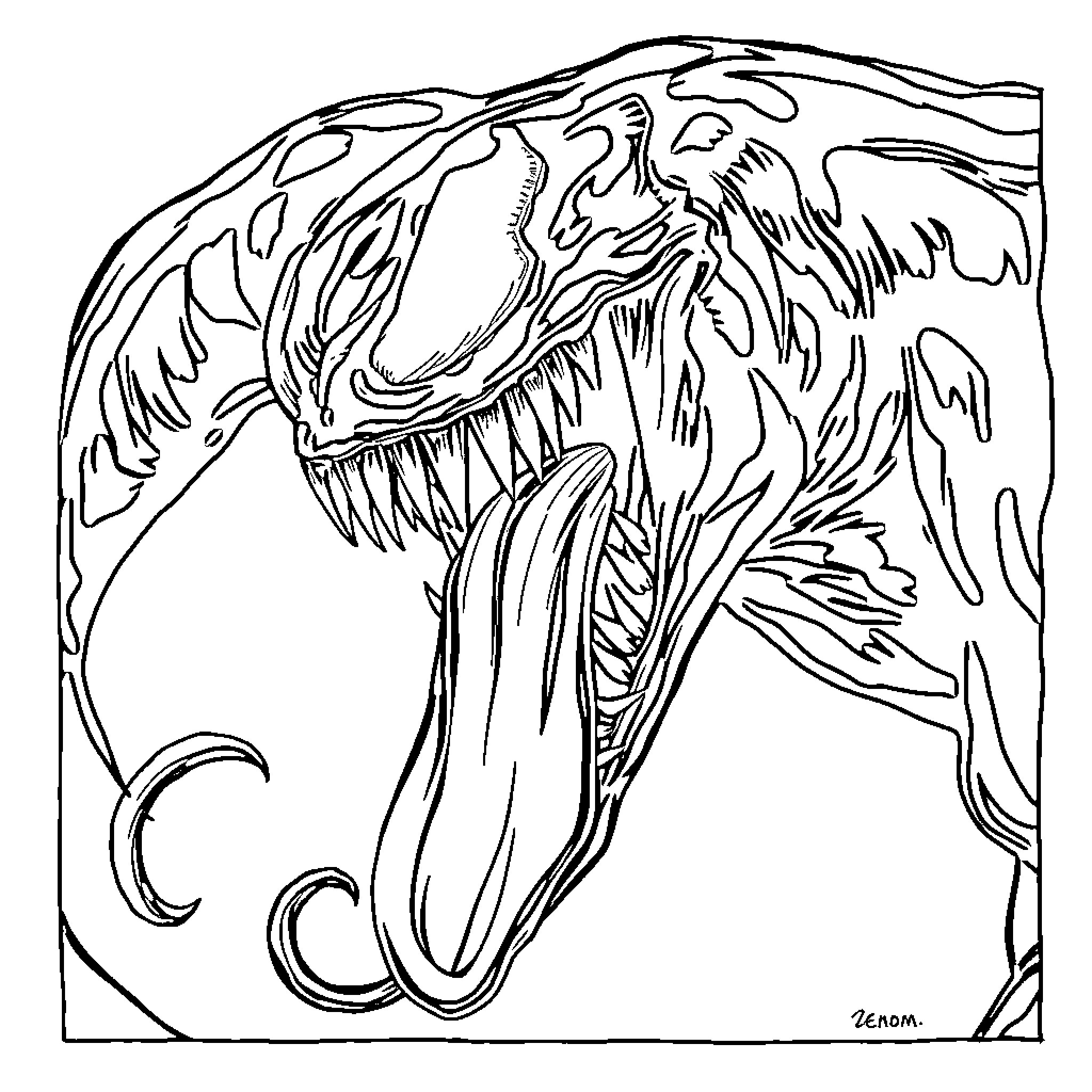 Venom creature with menacing fangs and claws Coloring Page (free black-and-white line drawing printable PDF for all, from beginners to advanced learners, including children, teens, adults, and seniors)