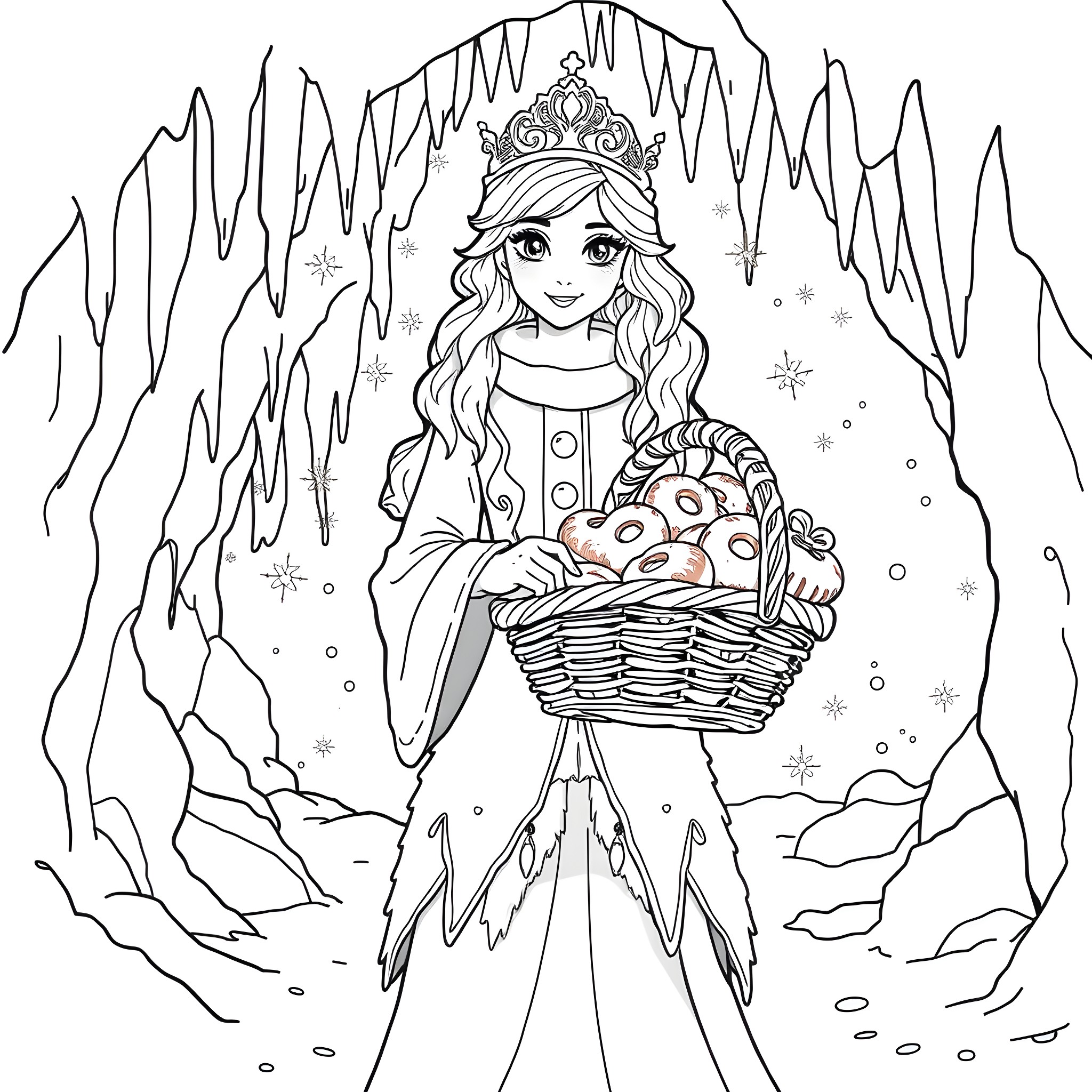 Princess in a Winter Wonderland with Basket Coloring Page (free black-and-white line drawing printable PDF for all, from beginners to advanced learners, including children, teens, adults, and seniors)