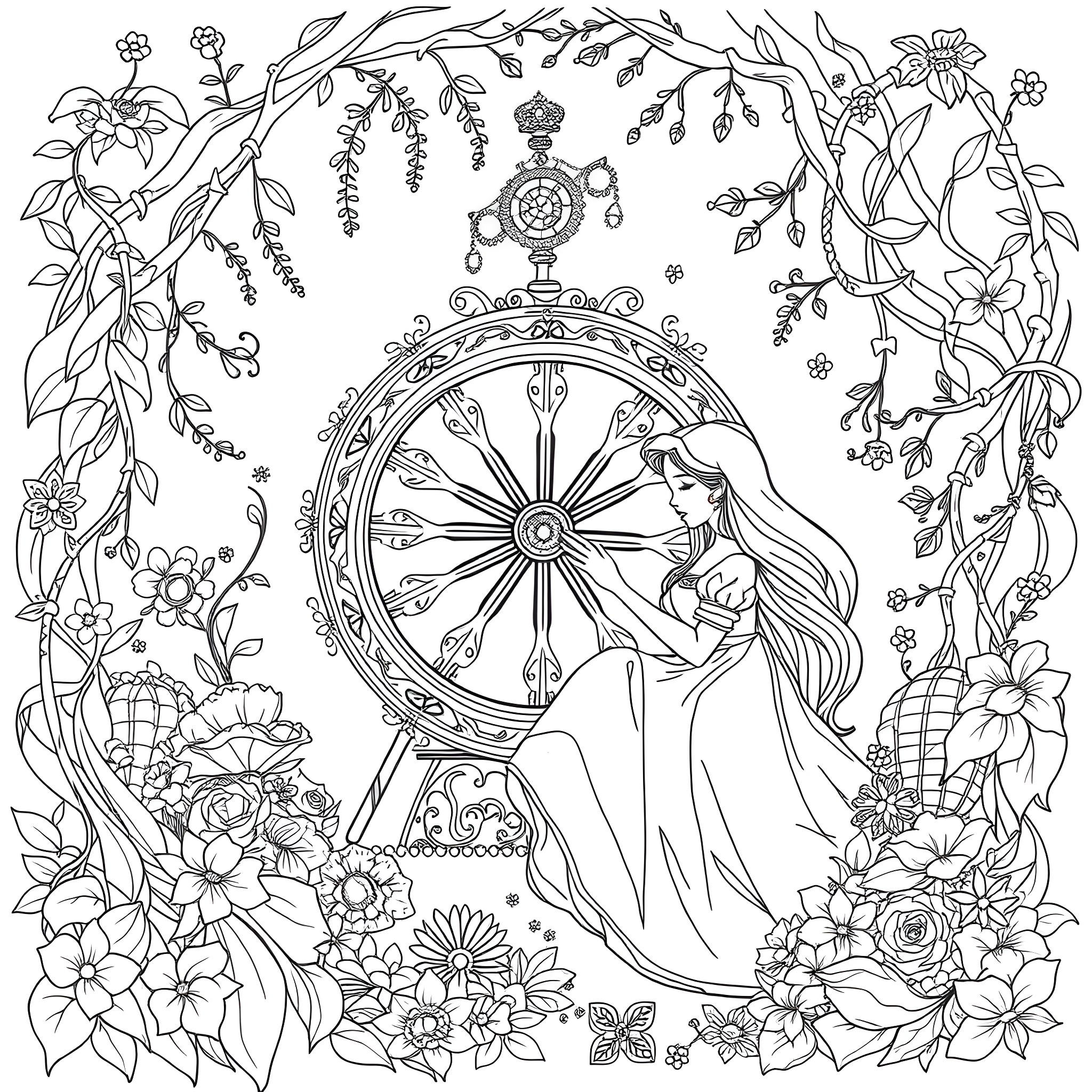 Sleeping Beauty surrounded by whimsical floral elements Coloring Page (free black-and-white line drawing printable PDF for all, from beginners to advanced learners, including children, teens, adults, and seniors)