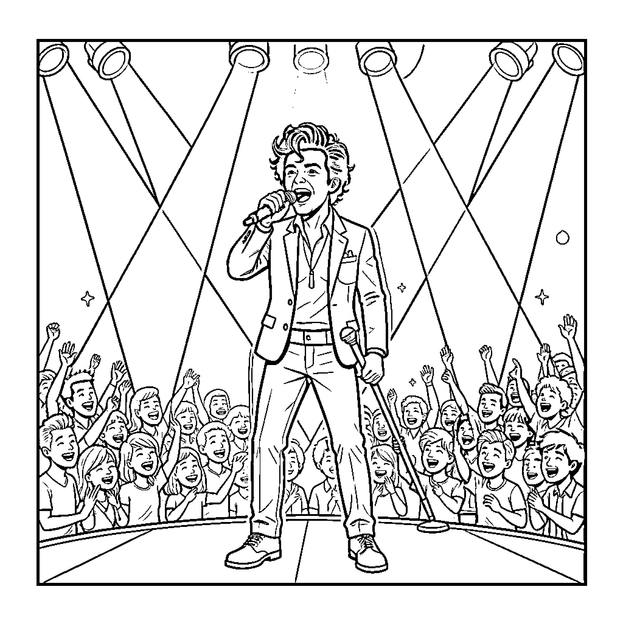 Harry Styles performing on stage with adoring crowd Coloring Page (free black-and-white line drawing printable PDF for all, from beginners to advanced learners, including children, teens, adults, and seniors)