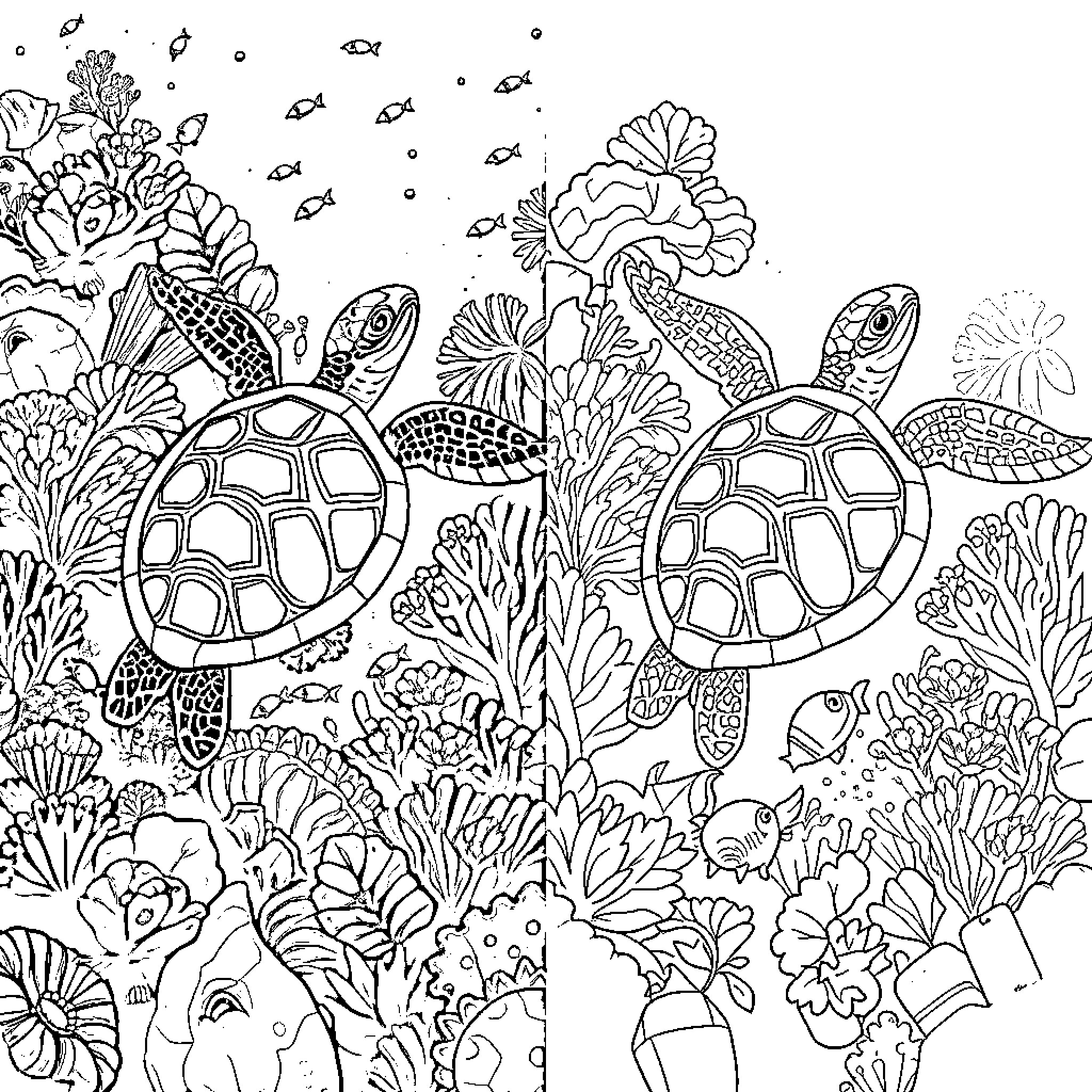 Sea Turtles swimming amongst vibrant coral reef Coloring Page (free black-and-white line drawing printable PDF for all, from beginners to advanced learners, including children, teens, adults, and seniors)