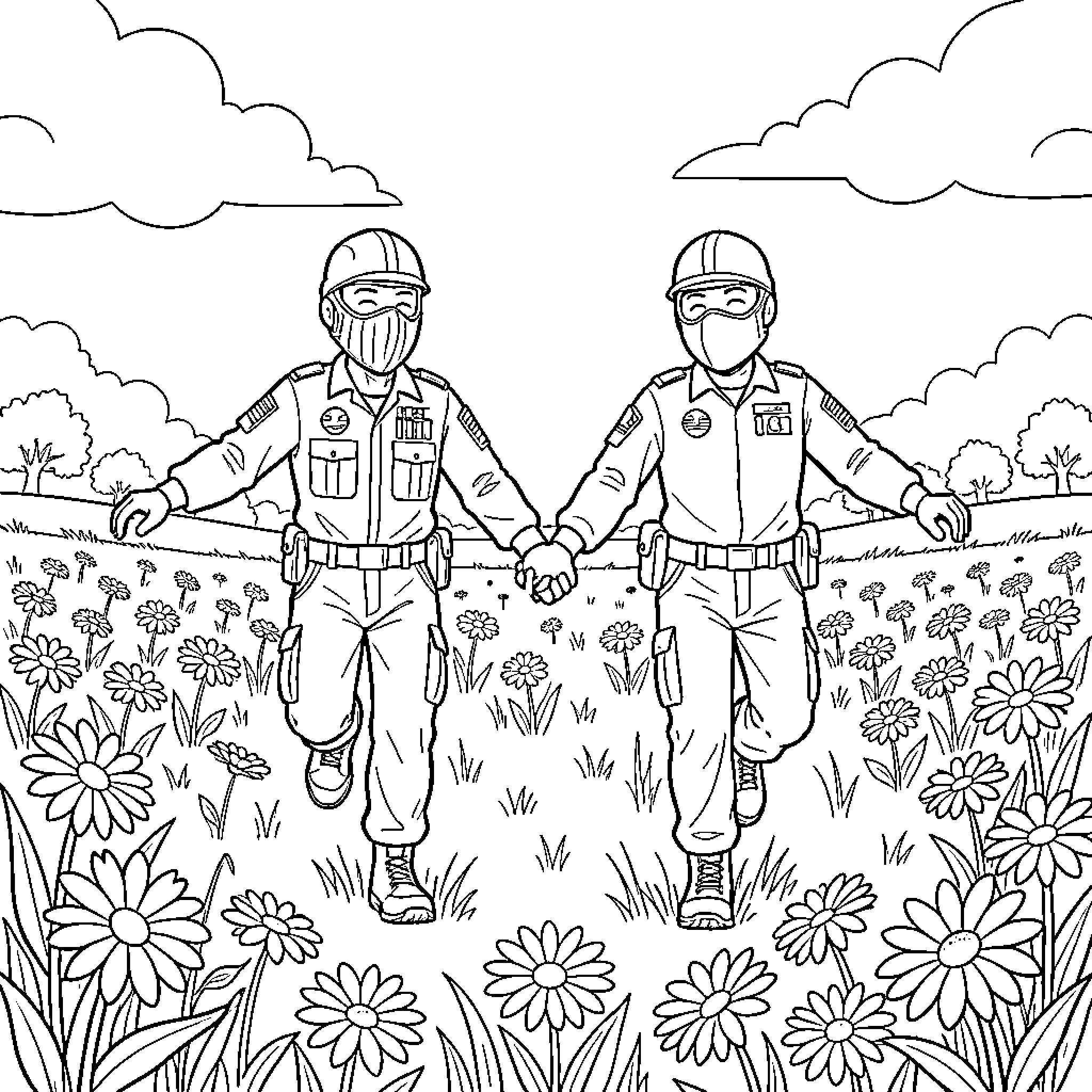Ice Agents Patrolling Floral Field in Uniform Coloring Page (free black-and-white line drawing printable PDF for all, from beginners to advanced learners, including children, teens, adults, and seniors)