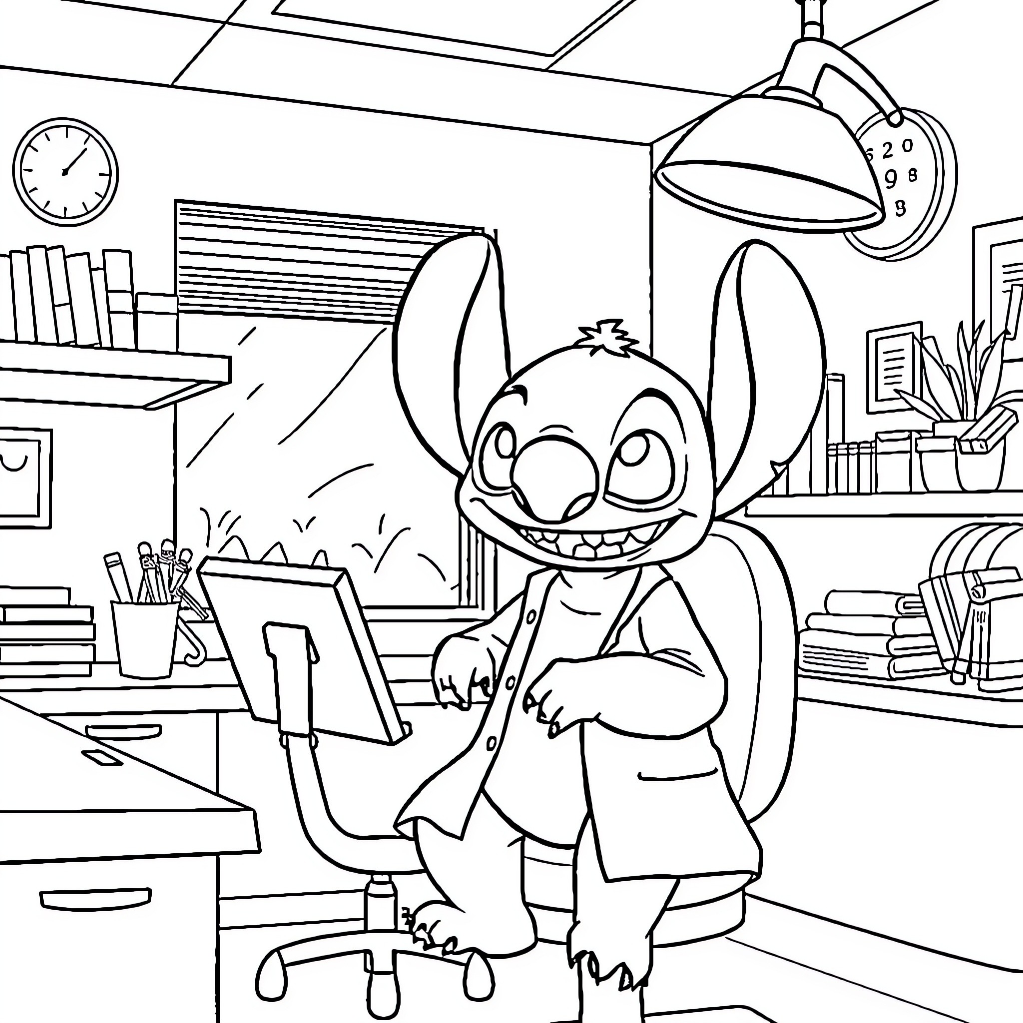 Stitch at work in the office Coloring Page (free black-and-white line drawing printable PDF for all, from beginners to advanced learners, including children, teens, adults, and seniors)
