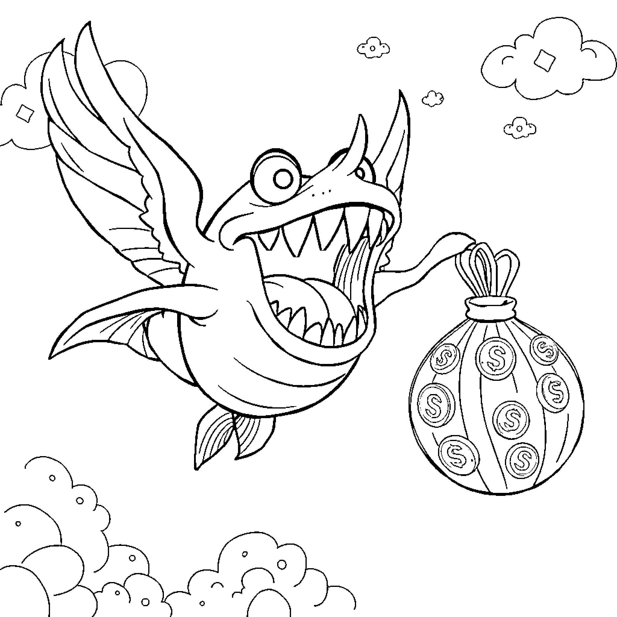 Tooth Fairy Creature Collecting Treasure Bag Coloring Page (free black-and-white line drawing printable PDF for all, from beginners to advanced learners, including children, teens, adults, and seniors)