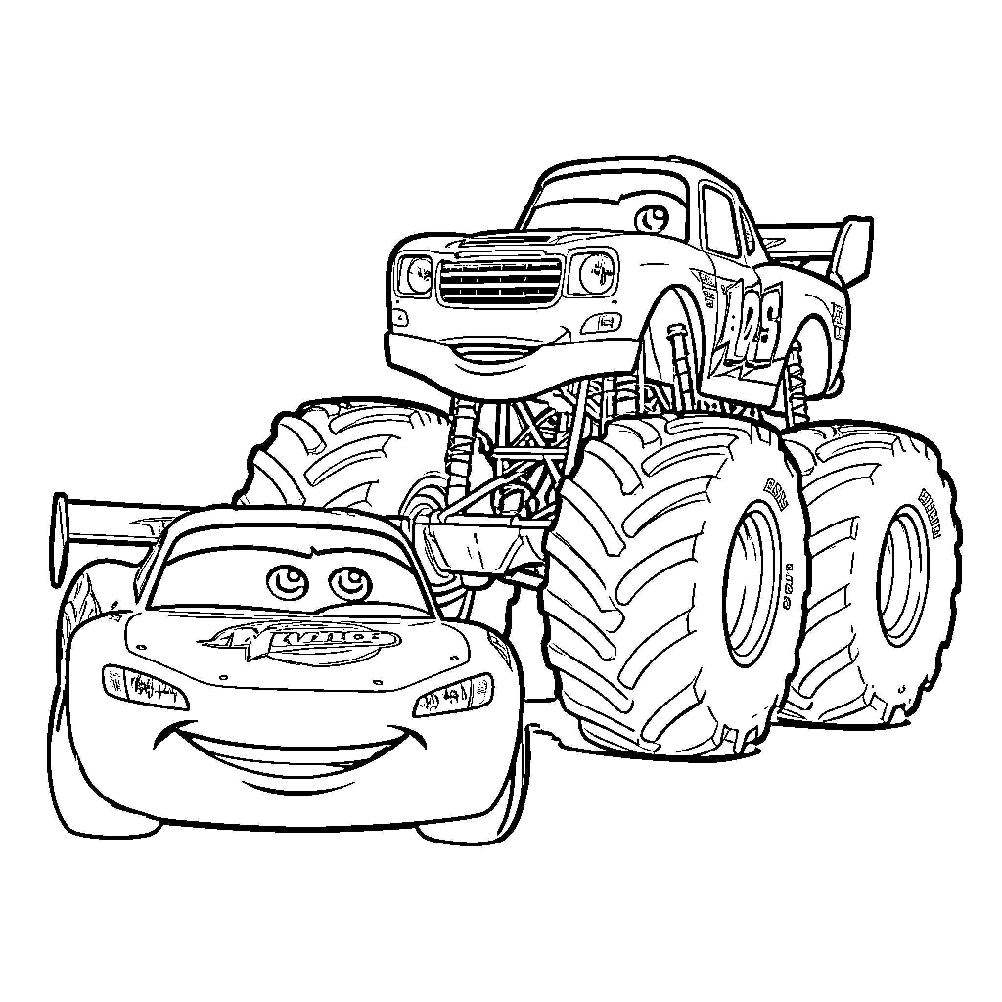 Lightning McQueen and Monster Truck Playing Together Coloring Page (free black-and-white line drawing printable PDF for all, from beginners to advanced learners, including children, teens, adults, and seniors)
