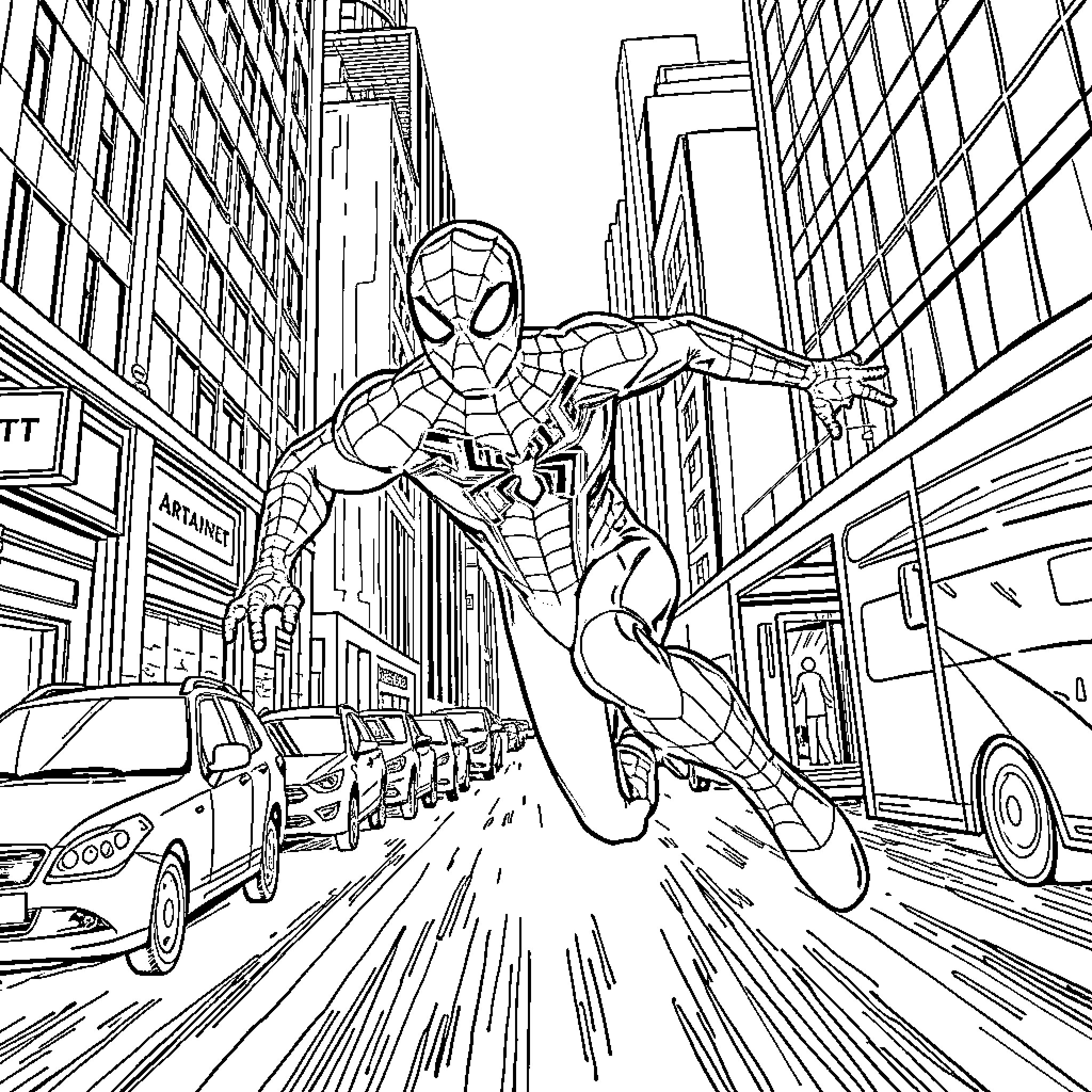 Spiderman swinging through the city streets Coloring Page (free black-and-white line drawing printable PDF for all, from beginners to advanced learners, including children, teens, adults, and seniors)