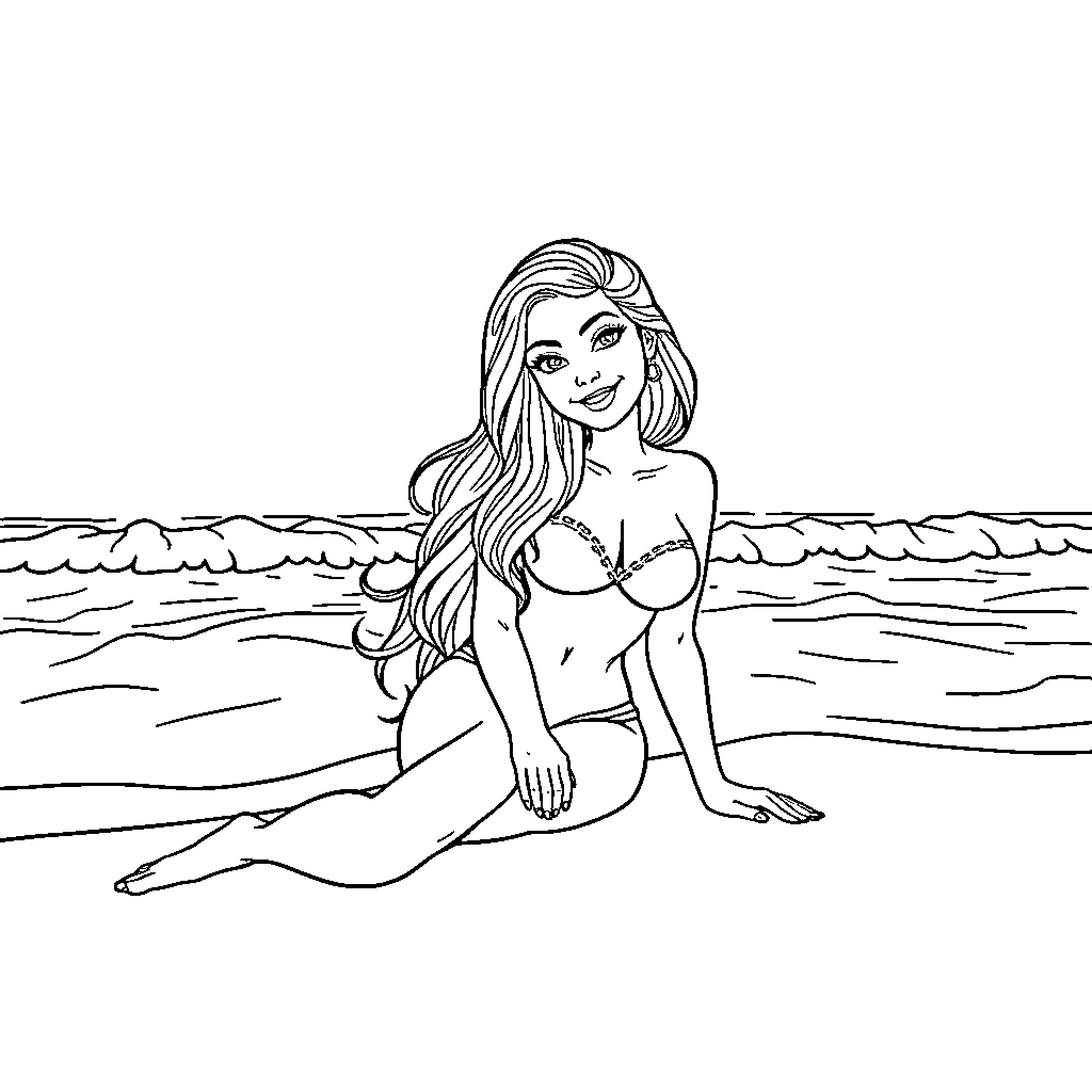 Muchacha enjoying the ocean breeze Coloring Page (free black-and-white line drawing printable PDF for all, from beginners to advanced learners, including children, teens, adults, and seniors)