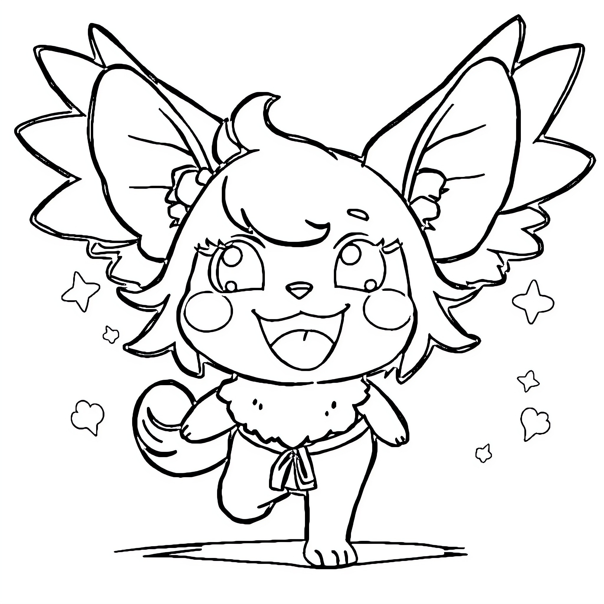 KORUMI Delightful Fairy-Like Creature in Whimsical Pose Coloring Page (free black-and-white line drawing printable PDF for all, from beginners to advanced learners, including children, teens, adults, and seniors)