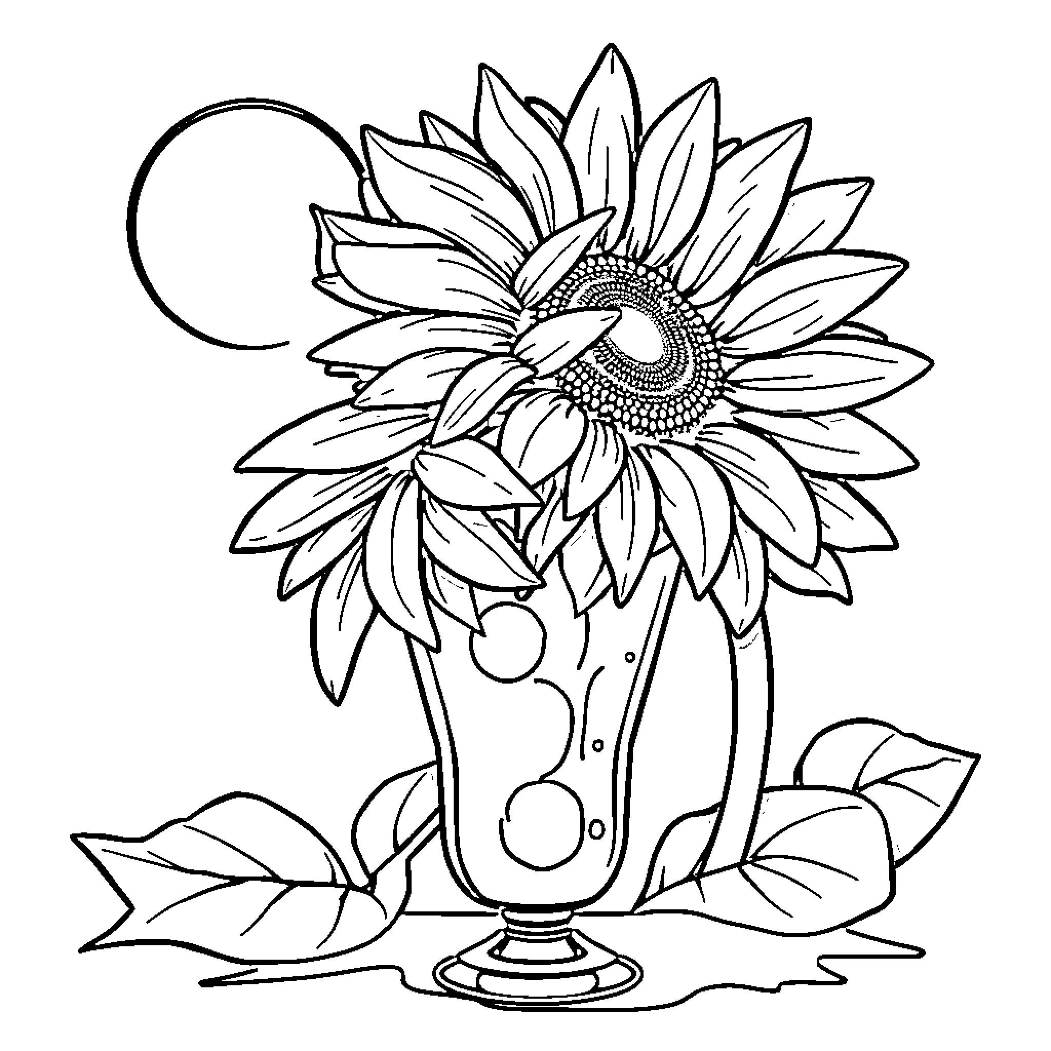 Sunflower in a glass vase with leaves Coloring Page (free black-and-white line drawing printable PDF for all, from beginners to advanced learners, including children, teens, adults, and seniors)