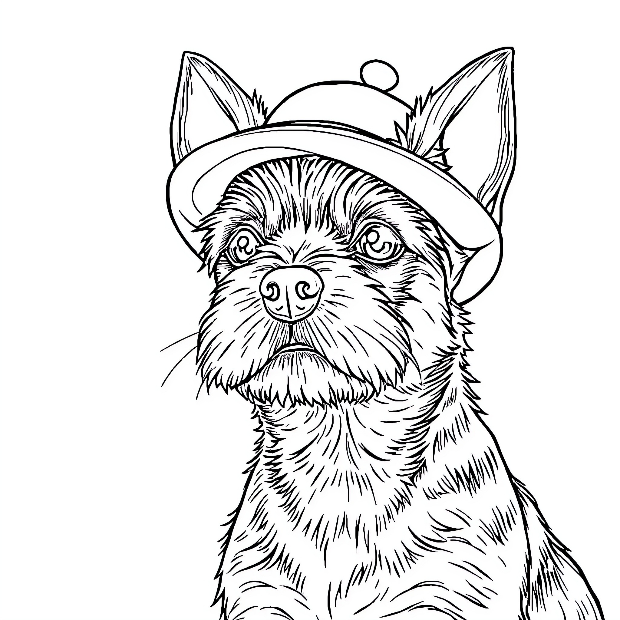 Dog wearing a cowboy hat with a playful expression Coloring Page (free black-and-white line drawing printable PDF for all, from beginners to advanced learners, including children, teens, adults, and seniors)