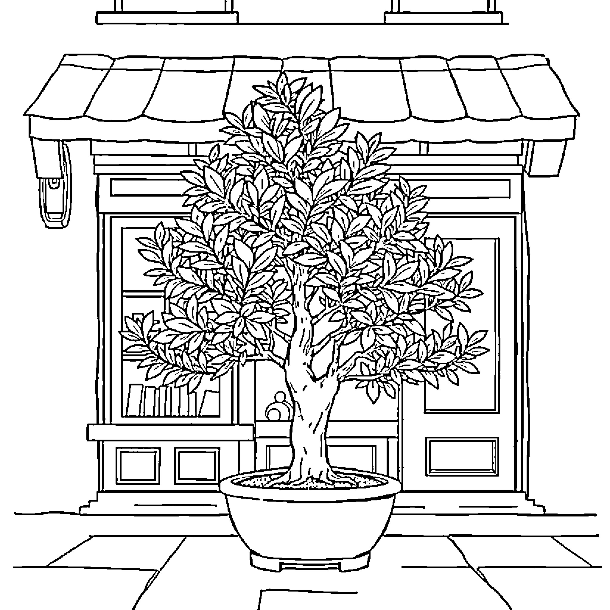 Bonsai tree in traditional Japanese garden Coloring Page (free black-and-white line drawing printable PDF for all, from beginners to advanced learners, including children, teens, adults, and seniors)