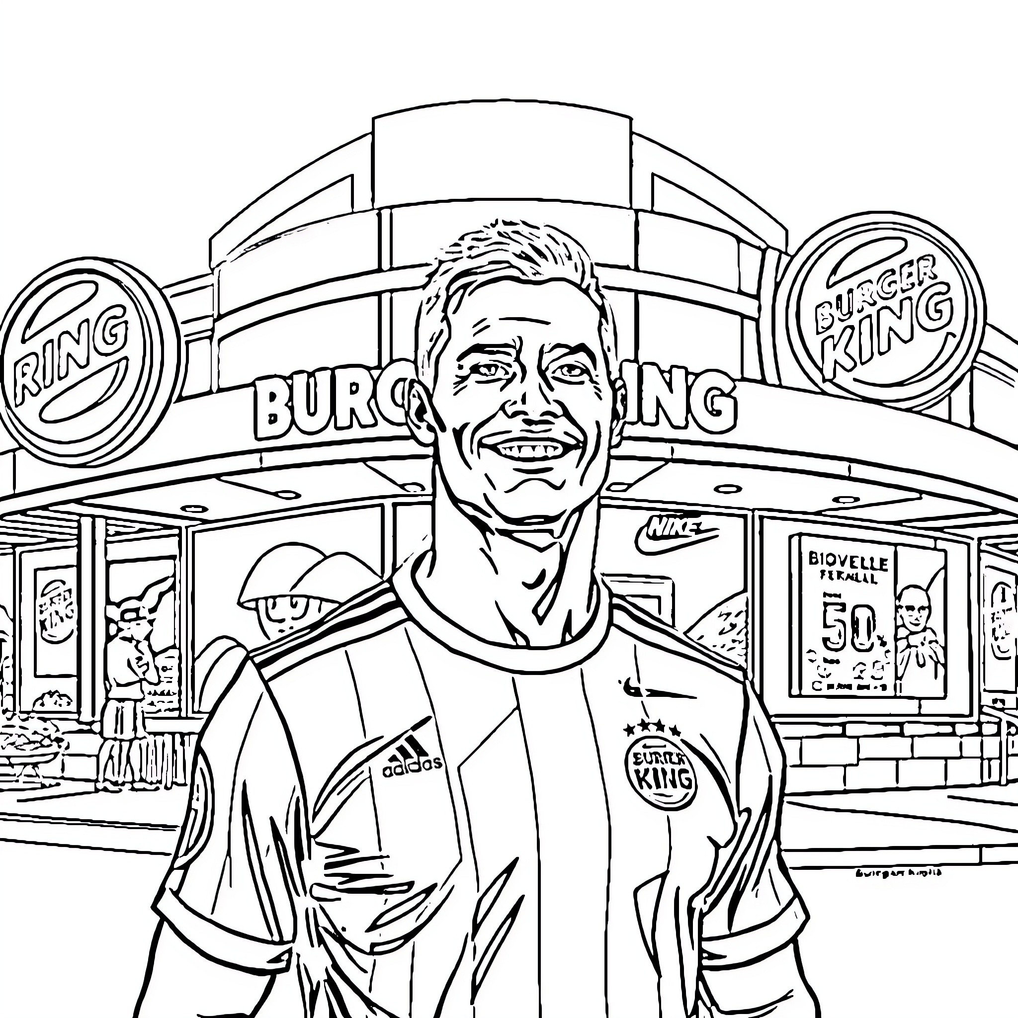 Ronaldo smiling at the Burger King storefront Coloring Page (free black-and-white line drawing printable PDF for all, from beginners to advanced learners, including children, teens, adults, and seniors)