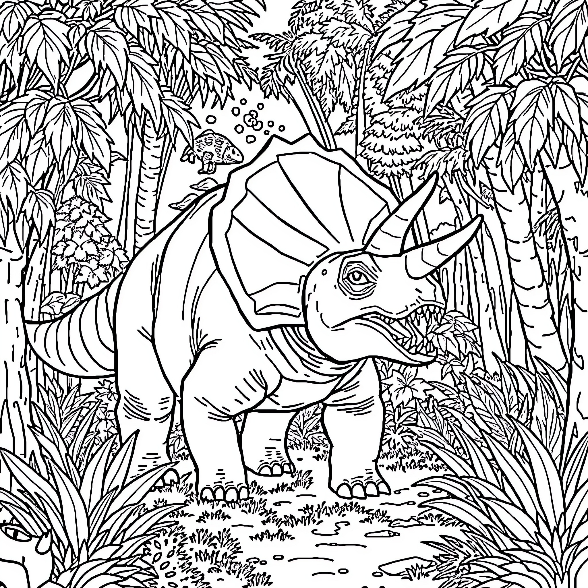 Triceratops exploring the lush jungle Coloring Page (free black-and-white line drawing printable PDF for all, from beginners to advanced learners, including children, teens, adults, and seniors)