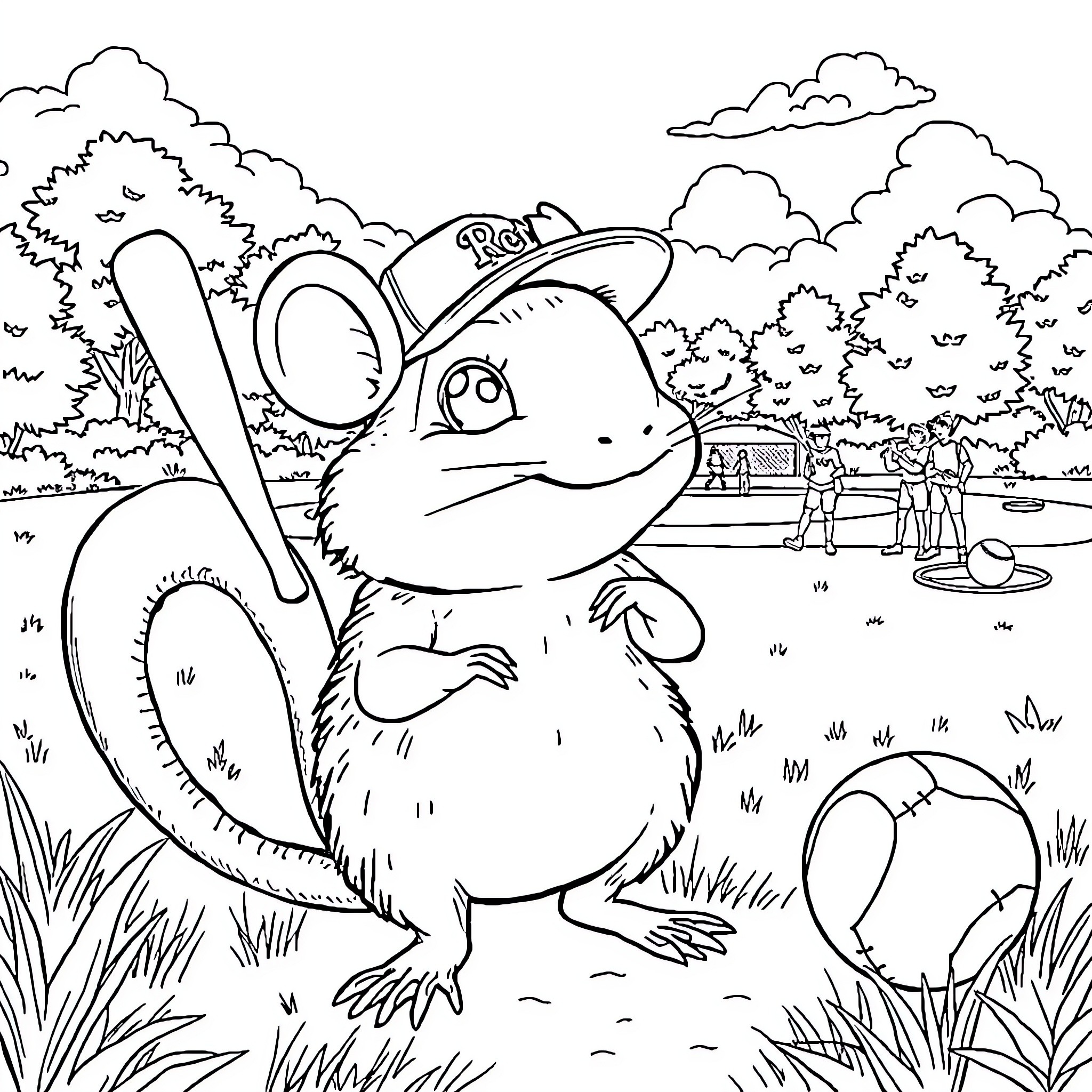 Frog playing baseball in the park Coloring Page (free black-and-white line drawing printable PDF for all, from beginners to advanced learners, including children, teens, adults, and seniors)