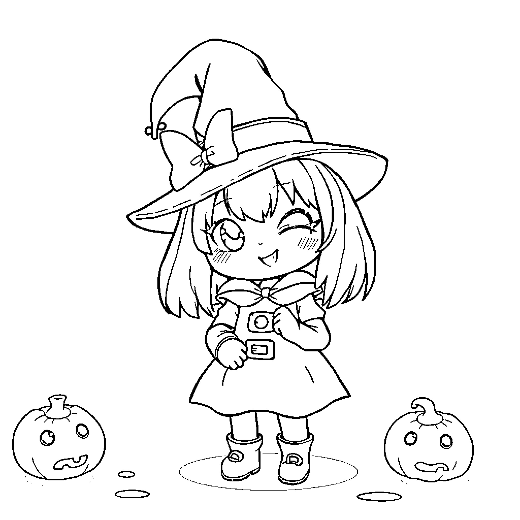 Kuromi in a Witch Costume with Pumpkins Coloring Page (free black-and-white line drawing printable PDF for all, from beginners to advanced learners, including children, teens, adults, and seniors)