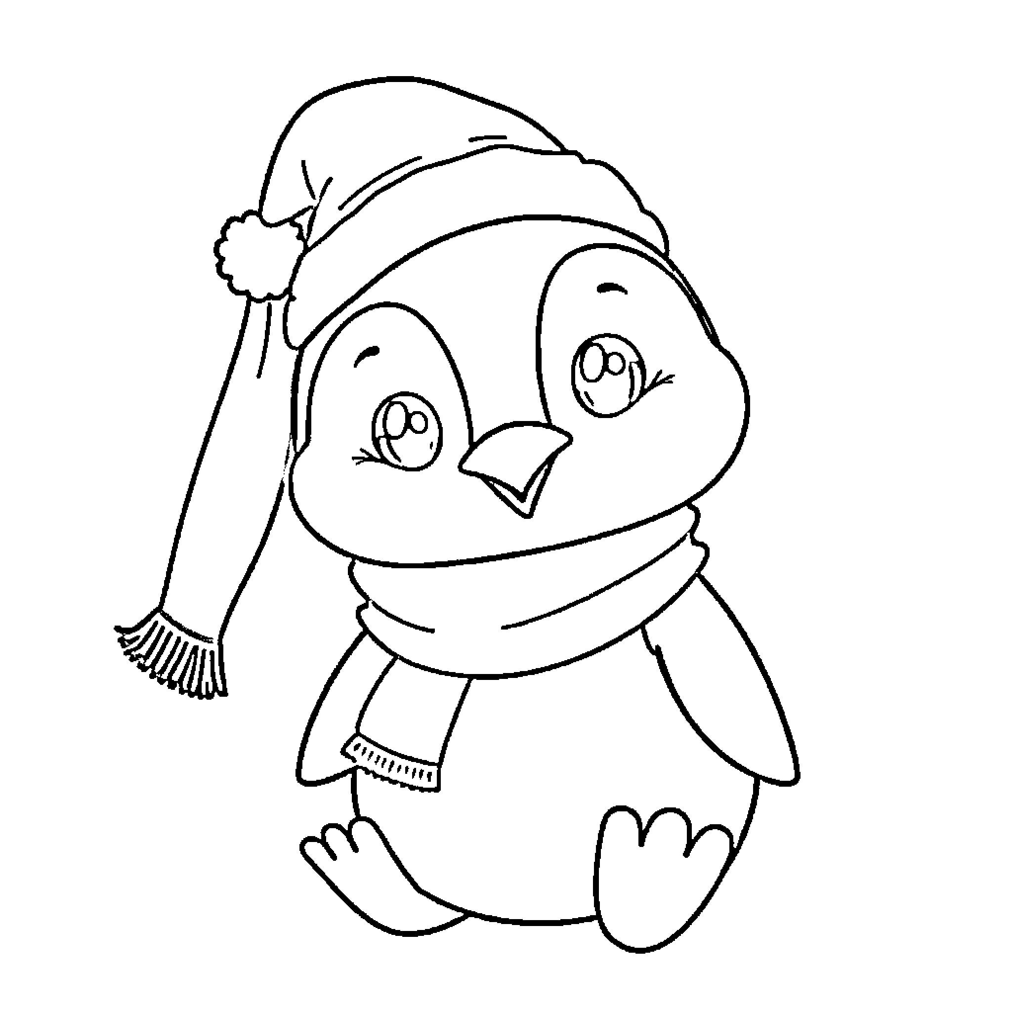 Penguin wearing winter accessories Coloring Page (free black-and-white line drawing printable PDF for all, from beginners to advanced learners, including children, teens, adults, and seniors)