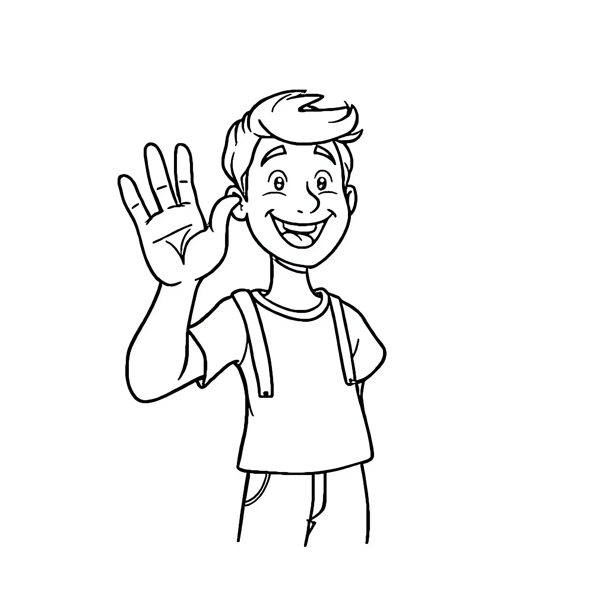 Hello Friendly Boy Waving Happily Coloring Page (free black-and-white line drawing printable PDF for all, from beginners to advanced learners, including children, teens, adults, and seniors)