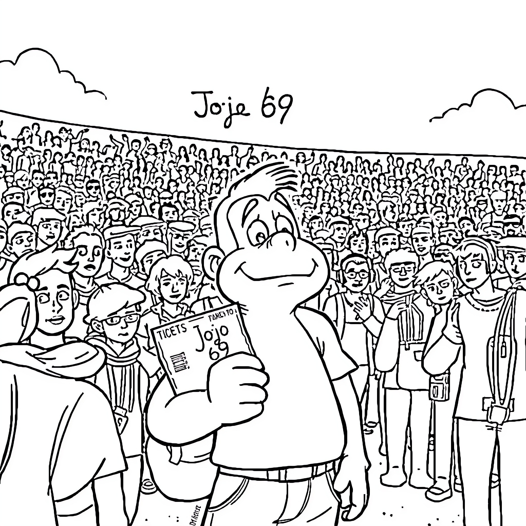 Jojo 69 Celebrates with a Crowd Coloring Page (free black-and-white line drawing printable PDF for all, from beginners to advanced learners, including children, teens, adults, and seniors)