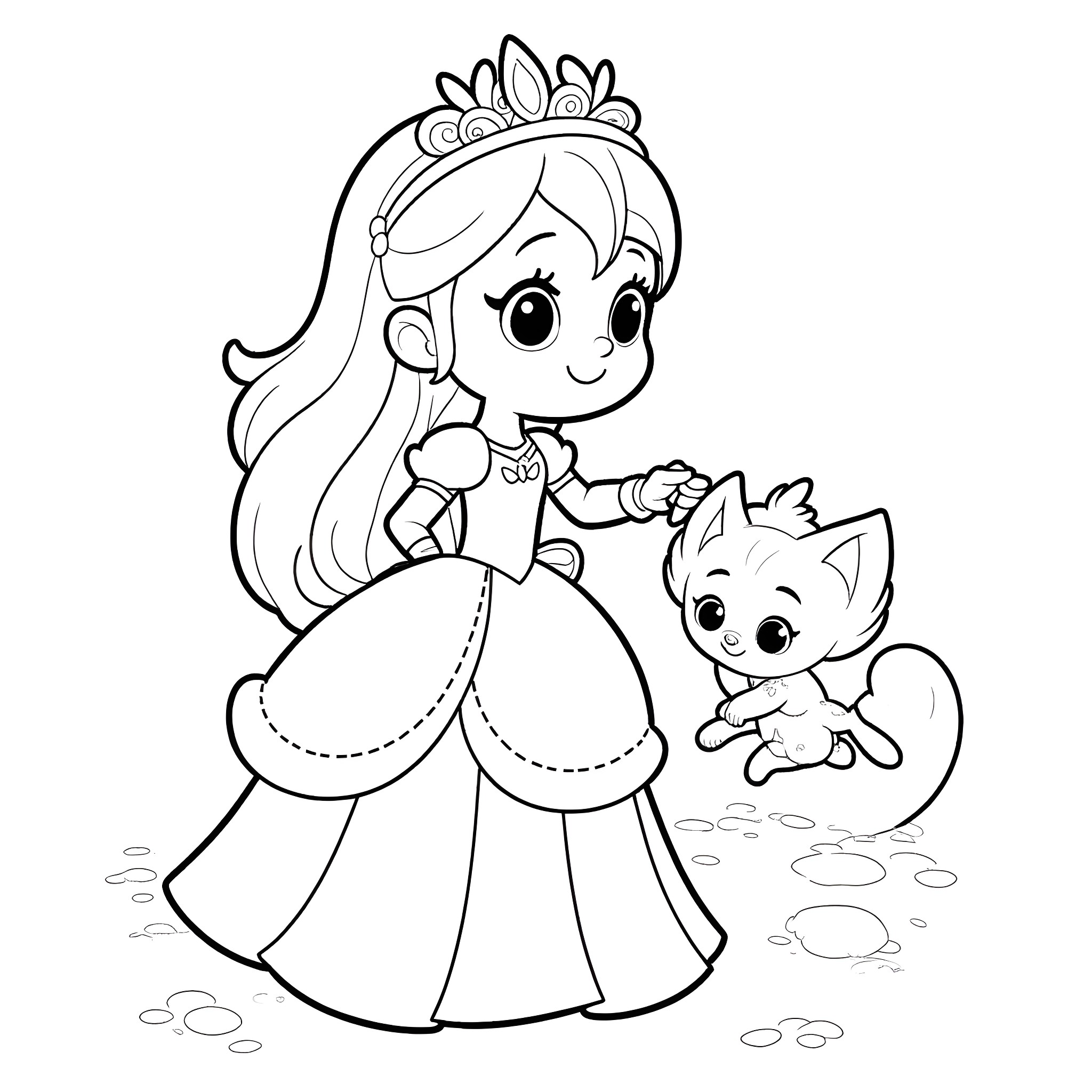 Princess playing with a cute kitten Coloring Page (free black-and-white line drawing printable PDF for all, from beginners to advanced learners, including children, teens, adults, and seniors)