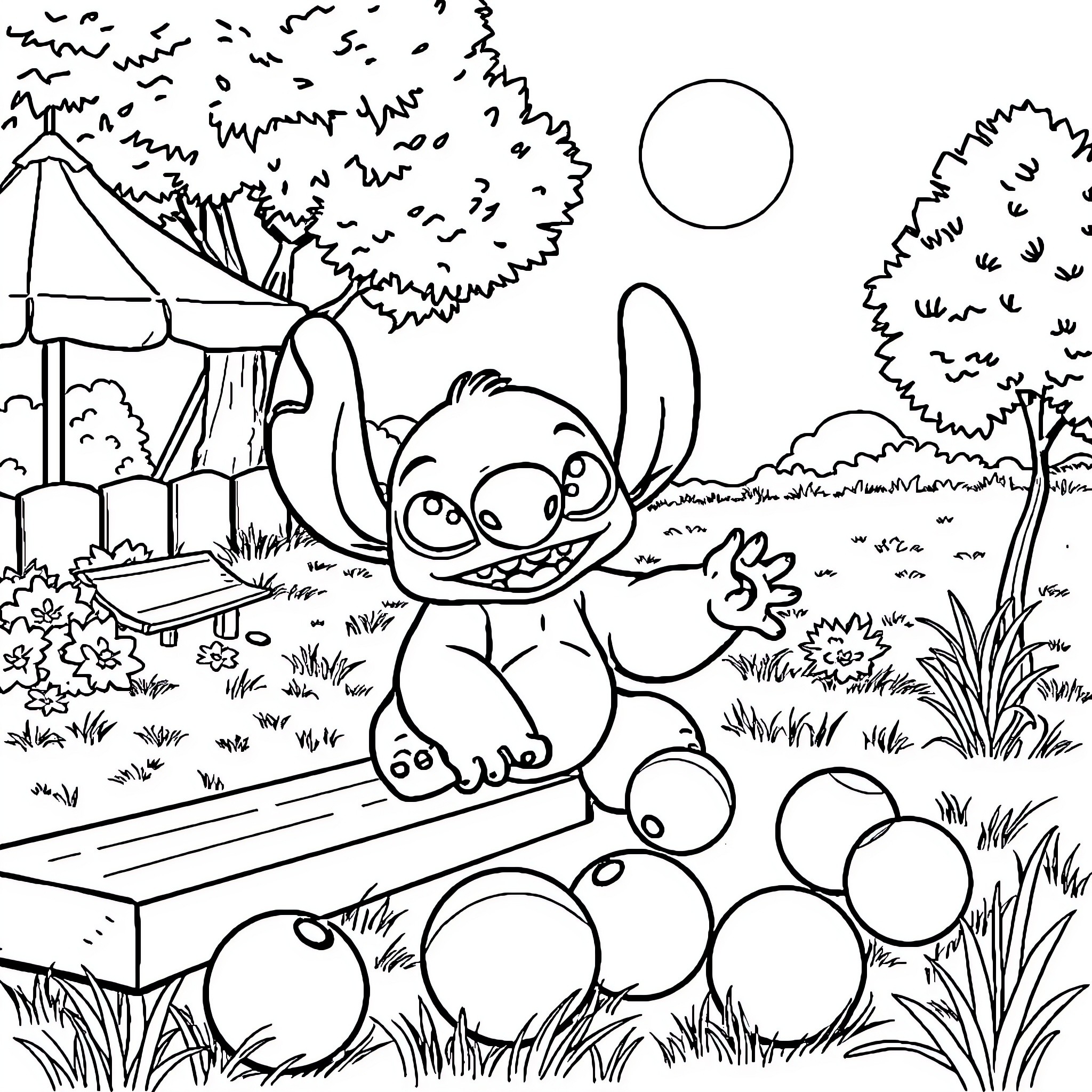 Stitch playing in a lush forest scene Coloring Page (free black-and-white line drawing printable PDF for all, from beginners to advanced learners, including children, teens, adults, and seniors)