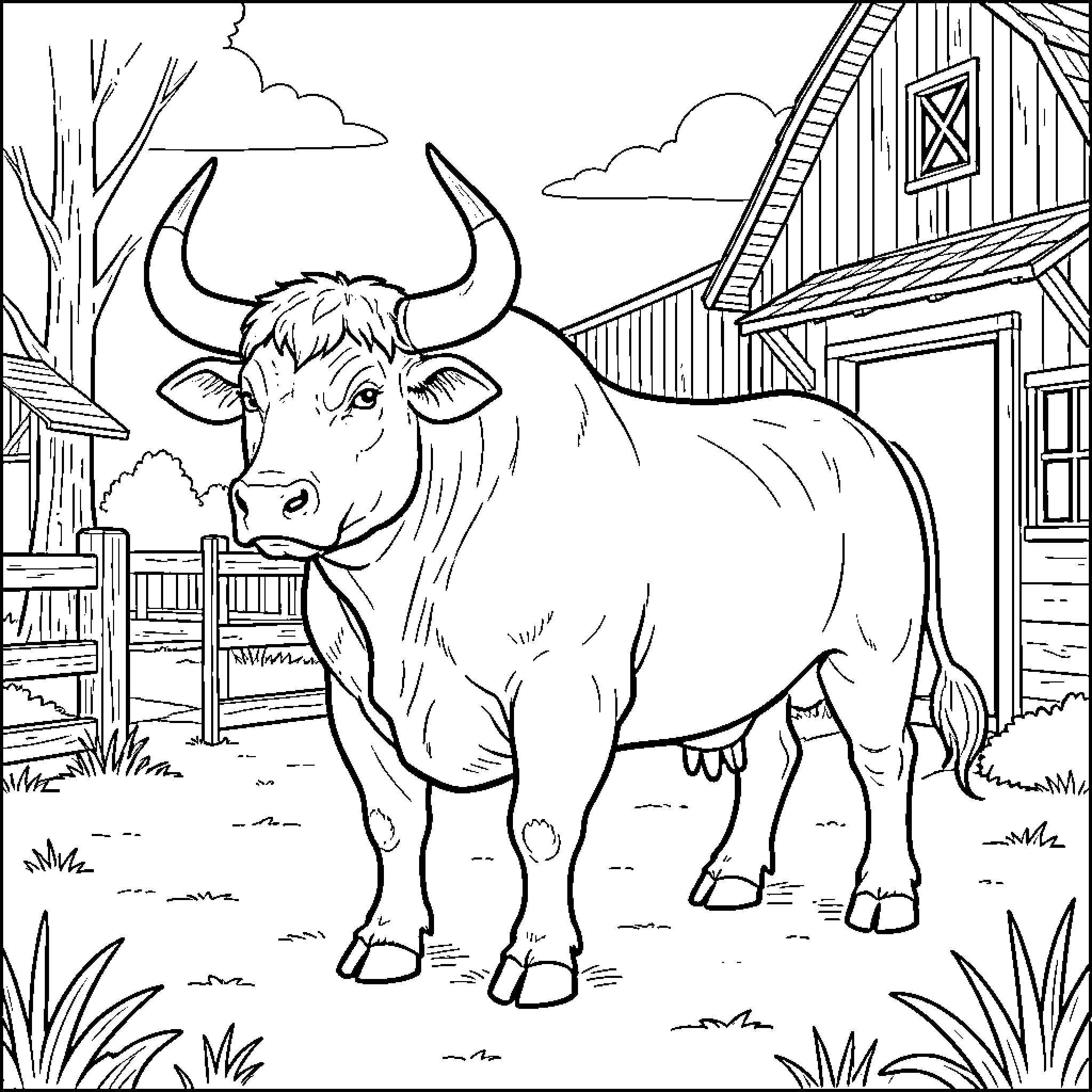 Bull standing calmly in front of a barn Coloring Page (free black-and-white line drawing printable PDF for all, from beginners to advanced learners, including children, teens, adults, and seniors)