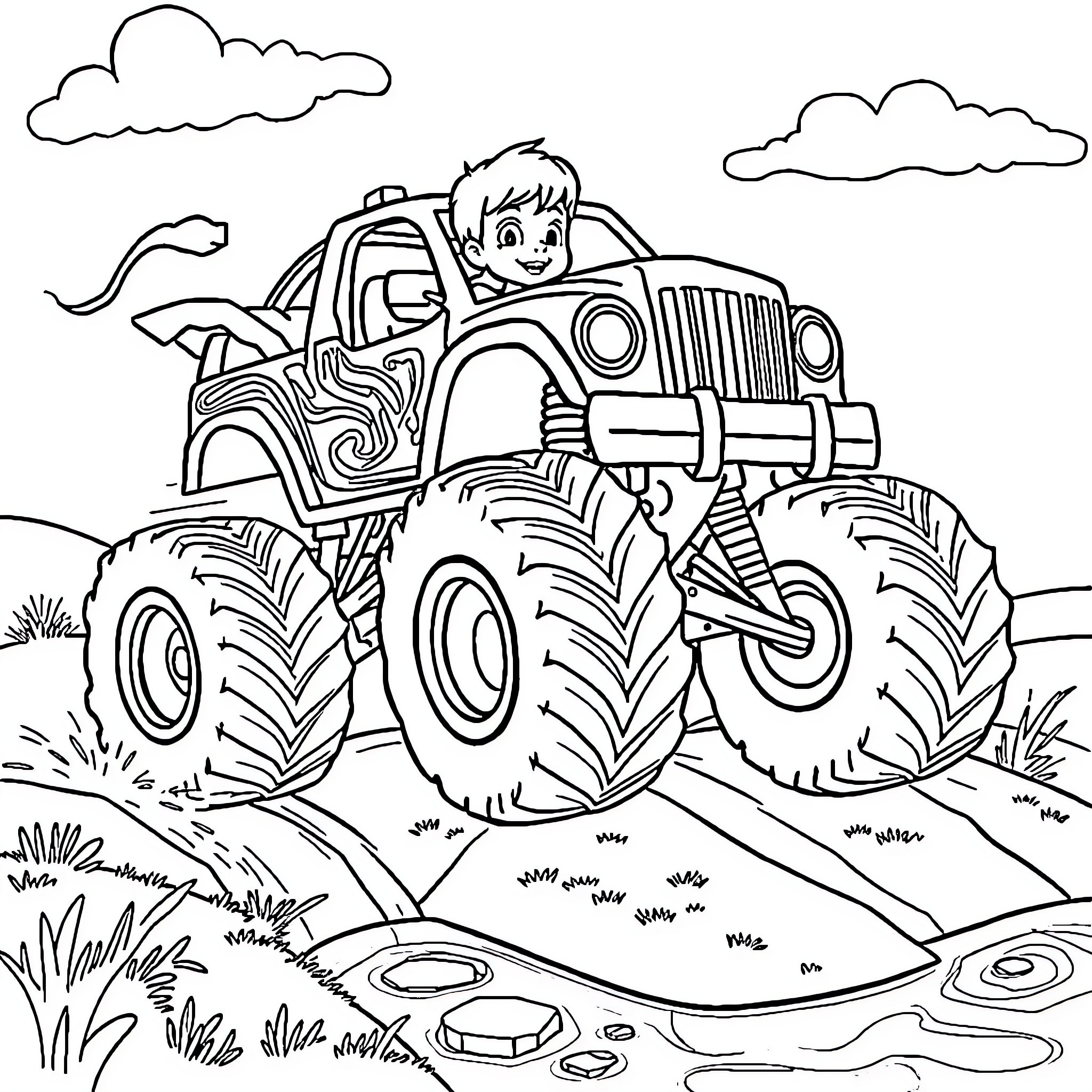 Monster Truck Racing through the Countryside Coloring Page (free black-and-white line drawing printable PDF for all, from beginners to advanced learners, including children, teens, adults, and seniors)