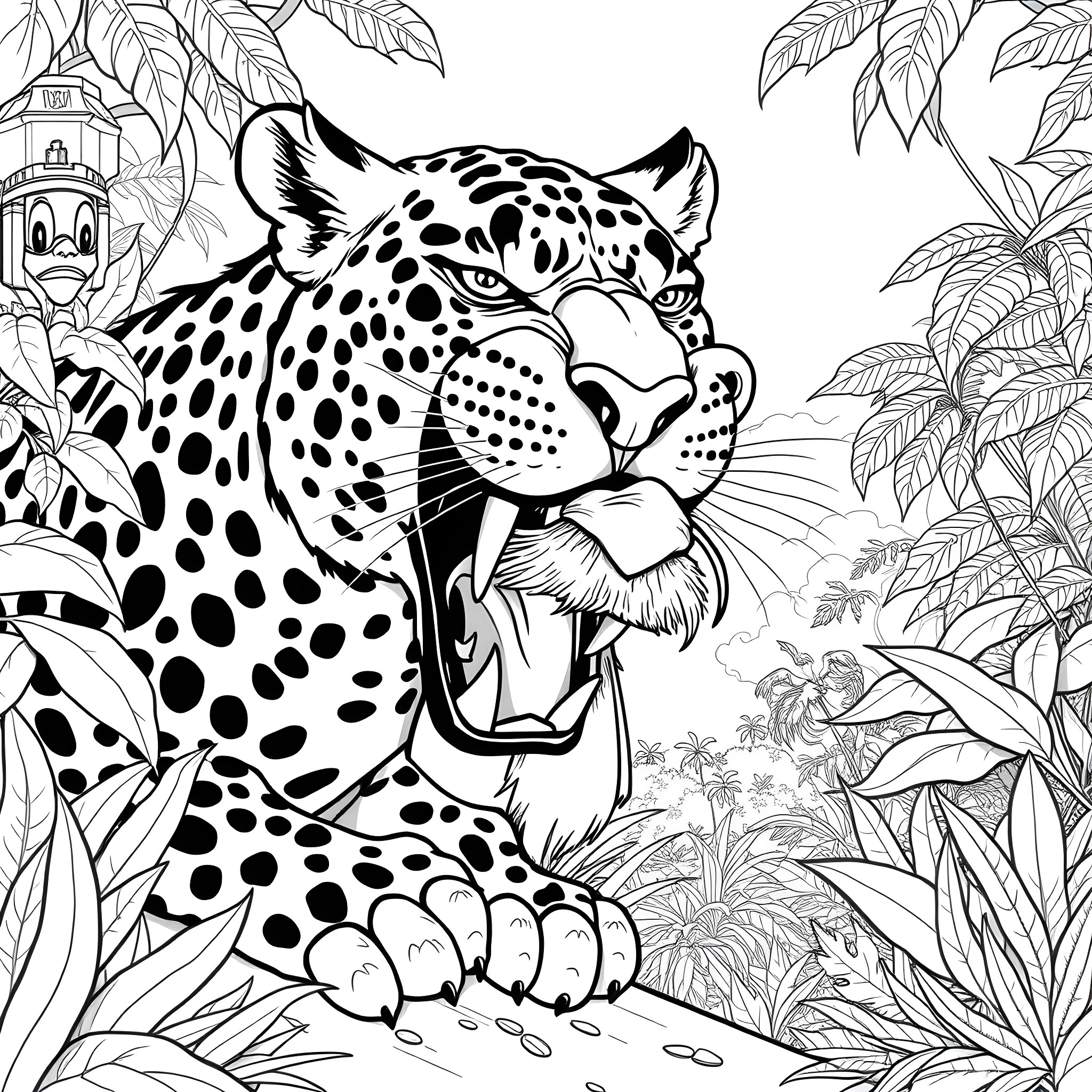 Leopard resting in the lush tropical foliage Coloring Page (free black-and-white line drawing printable PDF for all, from beginners to advanced learners, including children, teens, adults, and seniors)