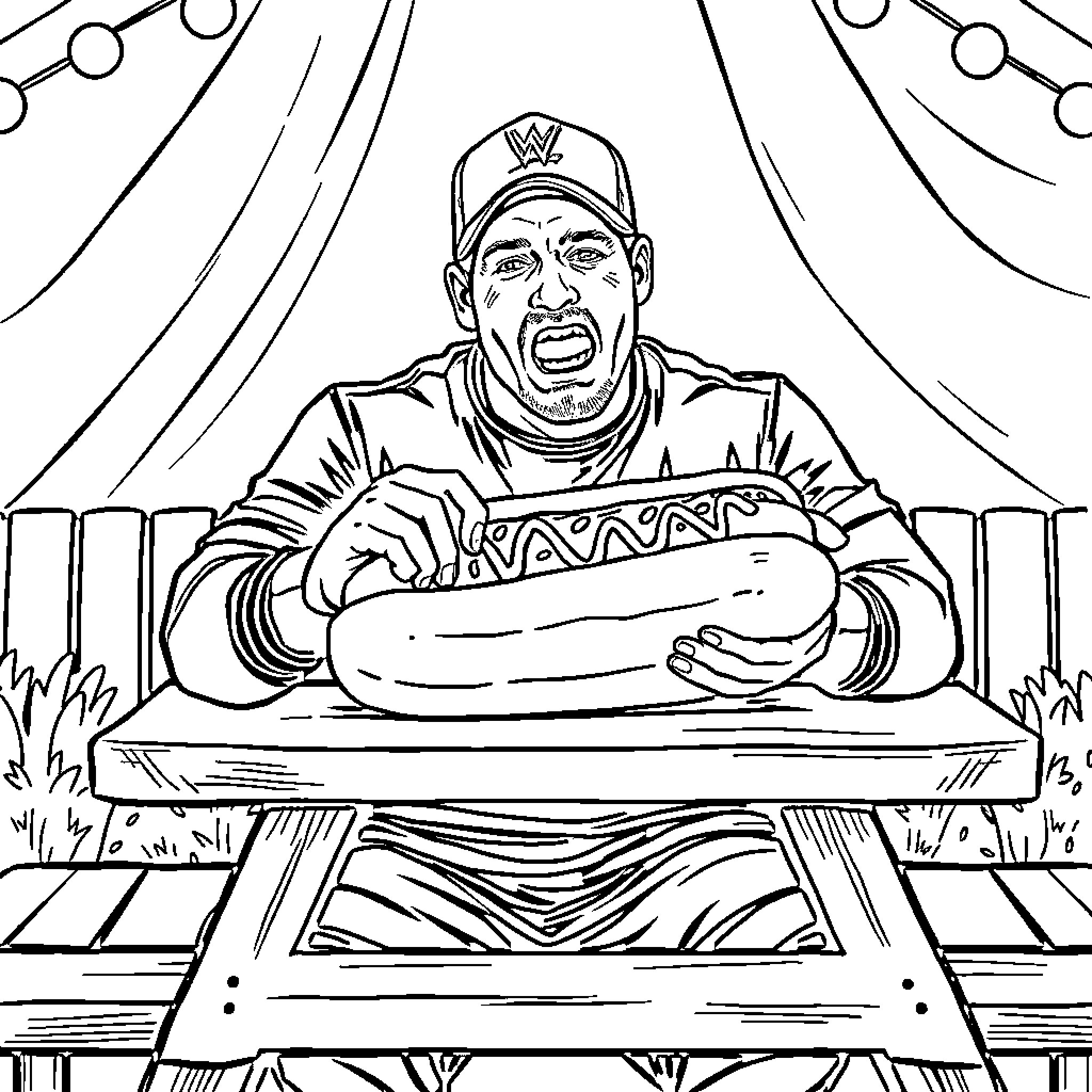 John Cena Enjoying a Hot Dog at a Carnival Coloring Page (free black-and-white line drawing printable PDF for all, from beginners to advanced learners, including children, teens, adults, and seniors)