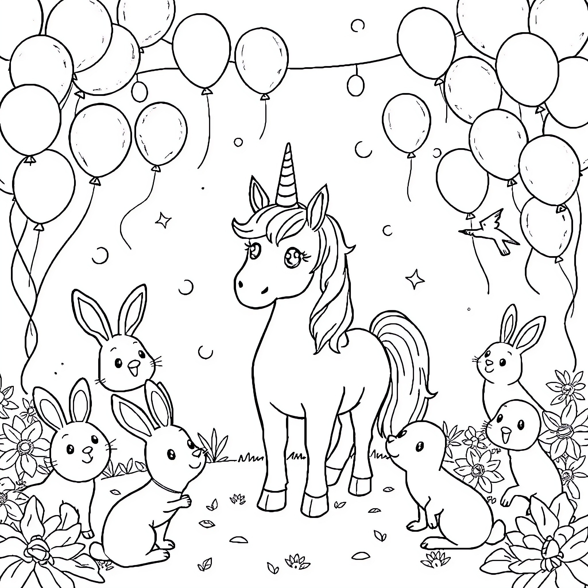Unicorn surrounded by whimsical creatures and balloons Coloring Page (free black-and-white line drawing printable PDF for all, from beginners to advanced learners, including children, teens, adults, and seniors)