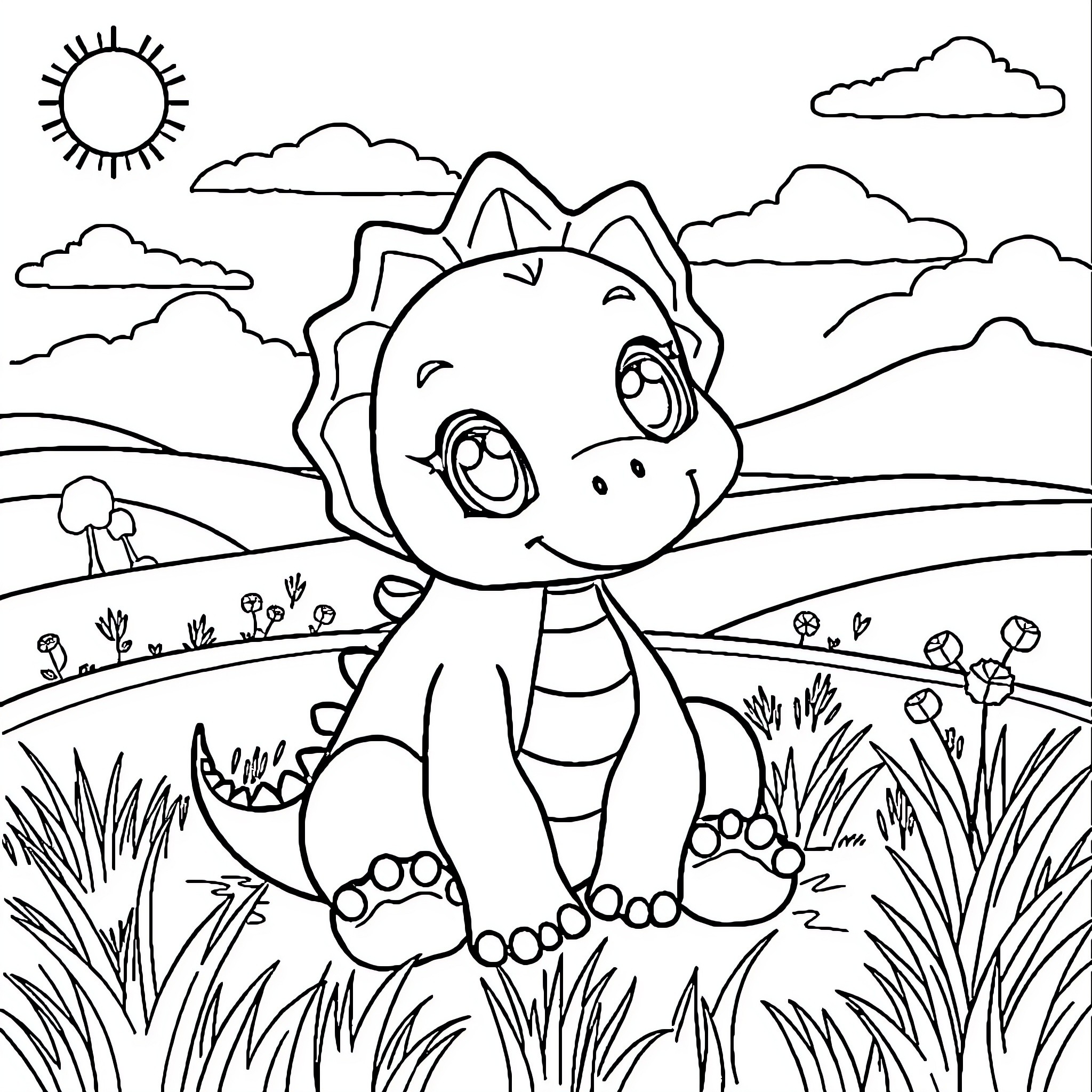 Dino exploring the scenic landscape Coloring Page (free black-and-white line drawing printable PDF for all, from beginners to advanced learners, including children, teens, adults, and seniors)