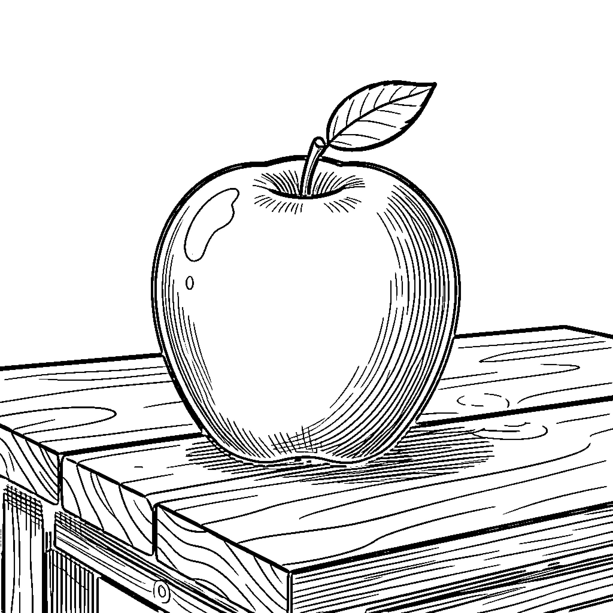 Apple resting on a wooden surface Coloring Page (free black-and-white line drawing printable PDF for all, from beginners to advanced learners, including children, teens, adults, and seniors)