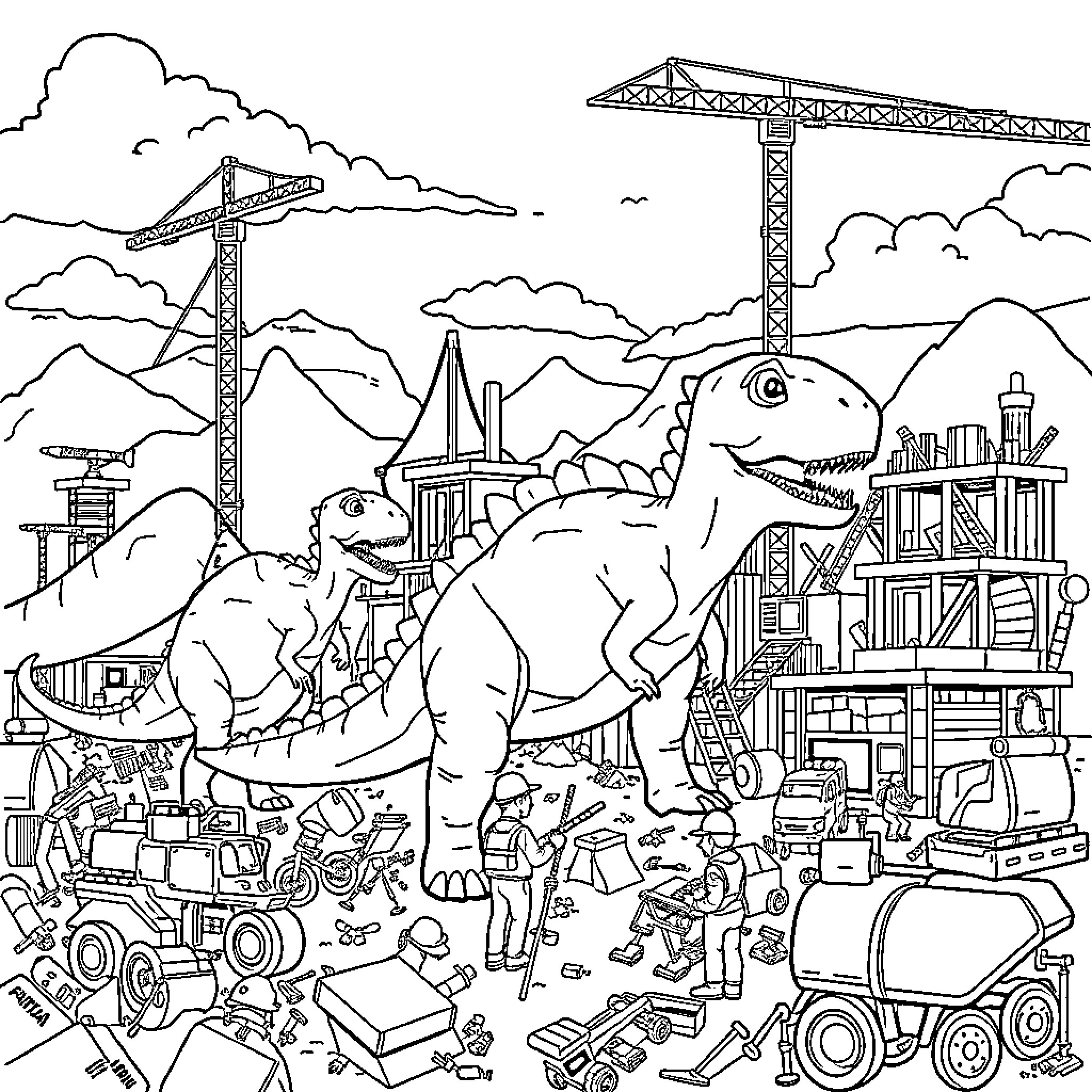 Dinosaur Construction Site Adventure Coloring Page (free black-and-white line drawing printable PDF for all, from beginners to advanced learners, including children, teens, adults, and seniors)