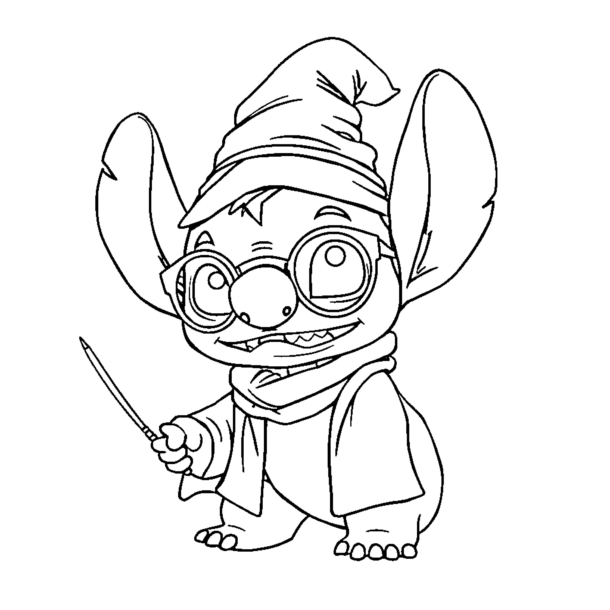 Stitch in wizard outfit with magic wand Coloring Page (free black-and-white line drawing printable PDF for all, from beginners to advanced learners, including children, teens, adults, and seniors)
