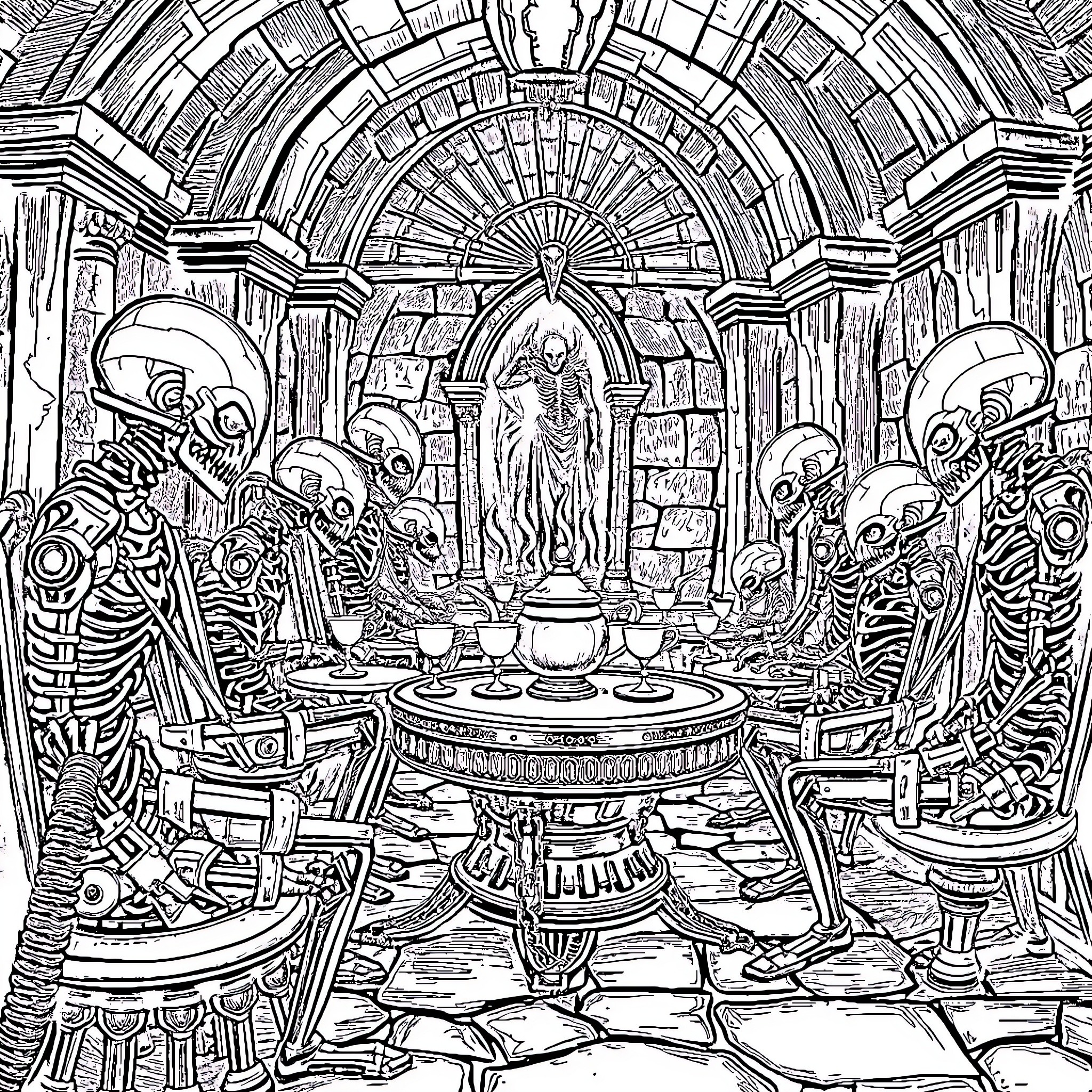 Necron Overlord presiding over skeletal retinue in ornate chamber Coloring Page (free black-and-white line drawing printable PDF for all, from beginners to advanced learners, including children, teens, adults, and seniors)