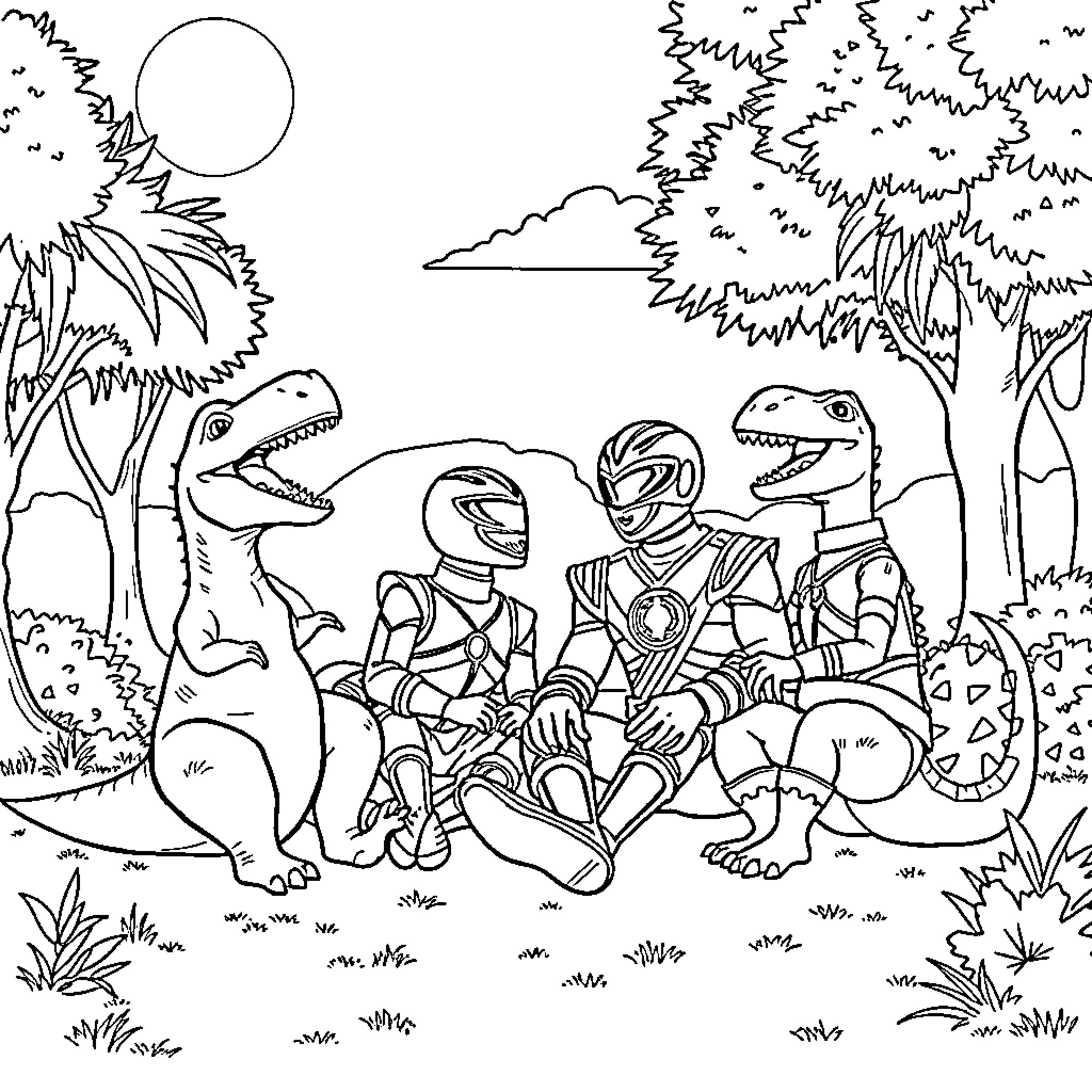 Dinosaur friends having a picnic in the forest Coloring Page (free black-and-white line drawing printable PDF for all, from beginners to advanced learners, including children, teens, adults, and seniors)
