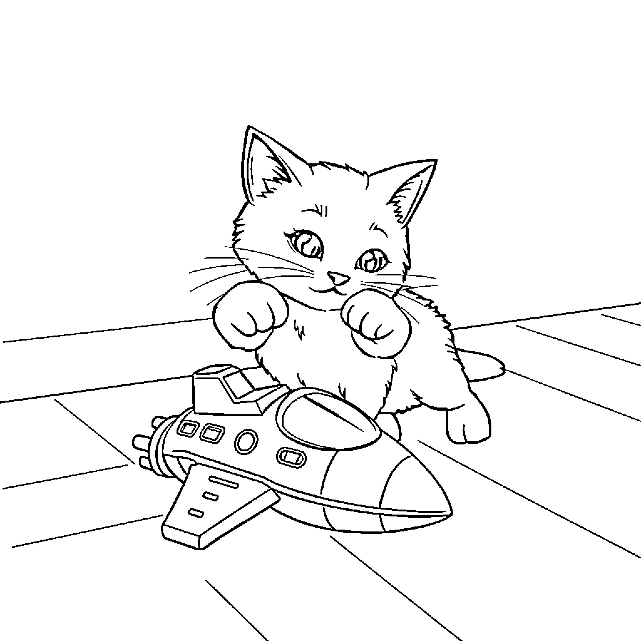 Cat riding a toy spacecraft Coloring Page (free black-and-white line drawing printable PDF for all, from beginners to advanced learners, including children, teens, adults, and seniors)