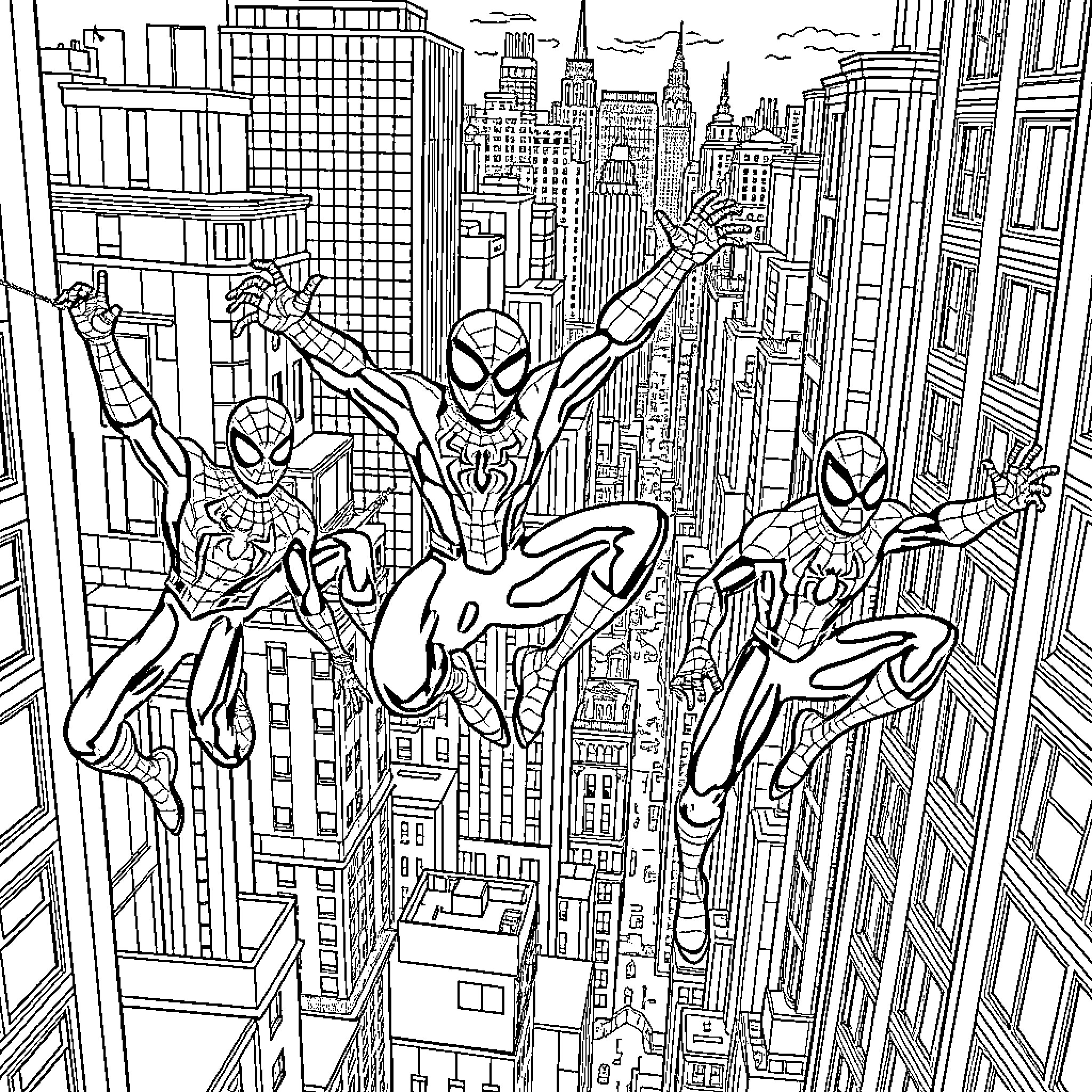 Spider-Man and friends leap across New York City skyline Coloring Page (free black-and-white line drawing printable PDF for all, from beginners to advanced learners, including children, teens, adults, and seniors)