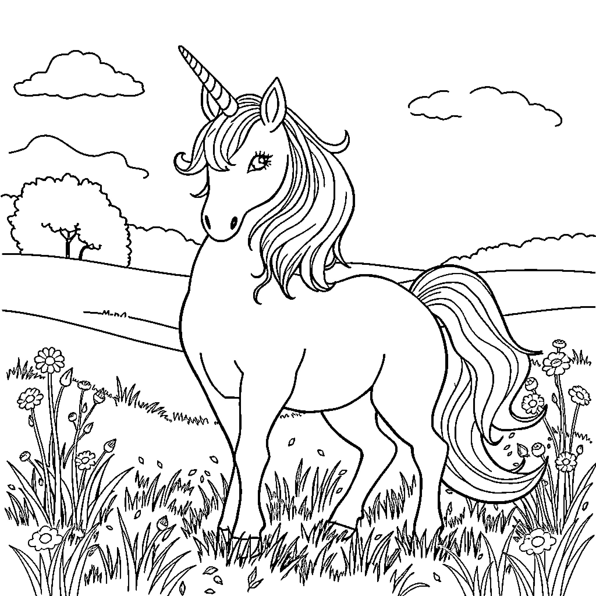 Unicorn standing gracefully in a lush meadow Coloring Page (free black-and-white line drawing printable PDF for all, from beginners to advanced learners, including children, teens, adults, and seniors)