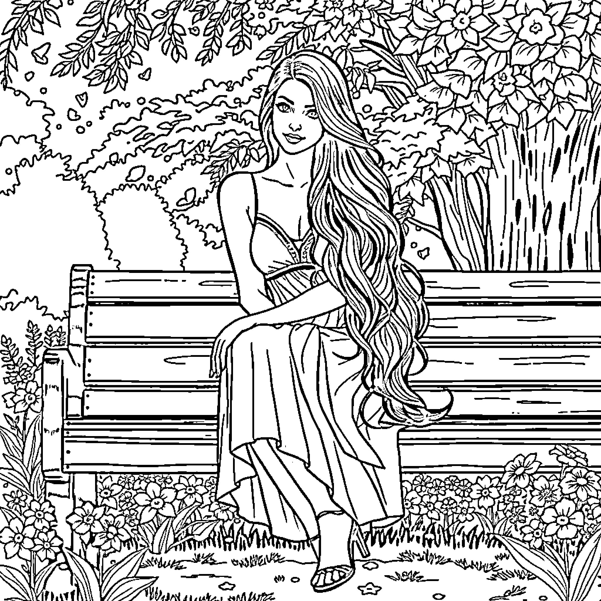Woman sitting on a bench in a floral garden Coloring Page (free black-and-white line drawing printable PDF for all, from beginners to advanced learners, including children, teens, adults, and seniors)