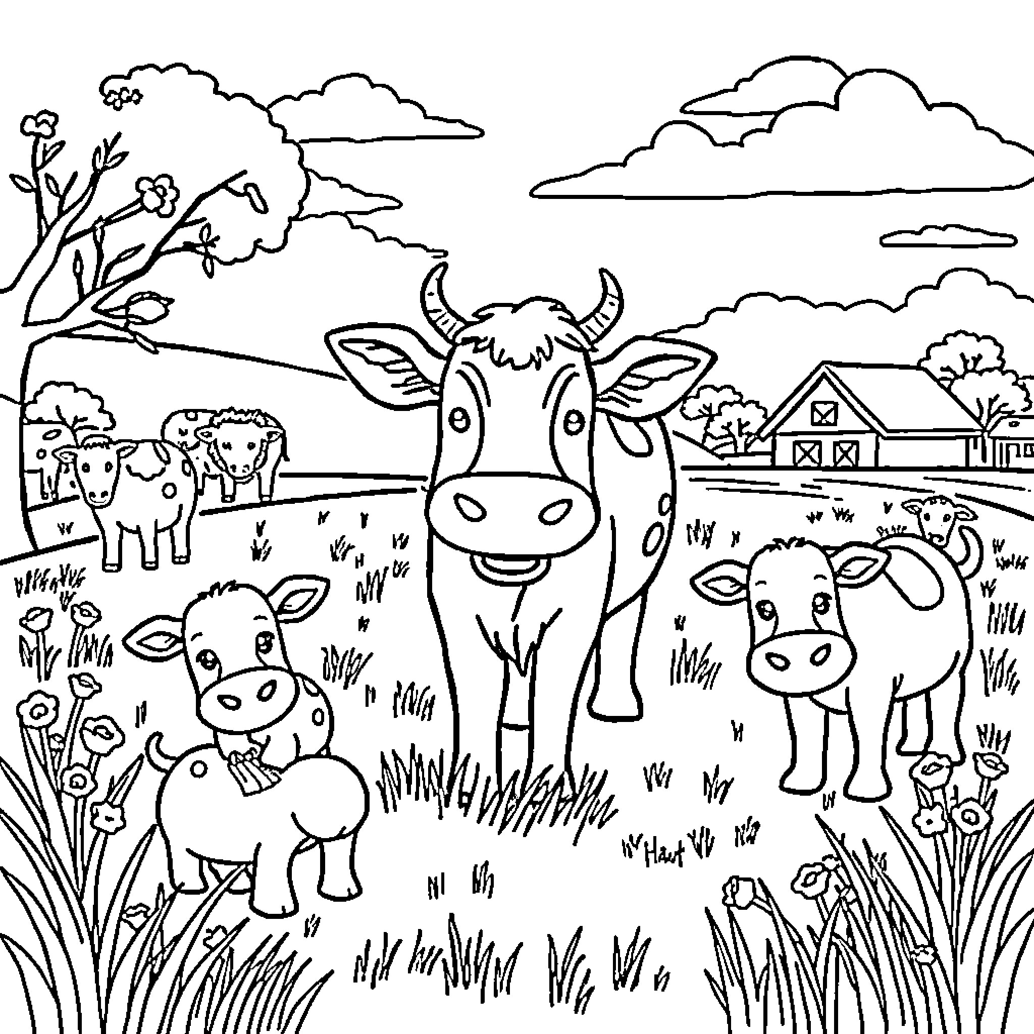 Farm Animals in a Pastoral Landscape Coloring Page (free black-and-white line drawing printable PDF for all, from beginners to advanced learners, including children, teens, adults, and seniors)