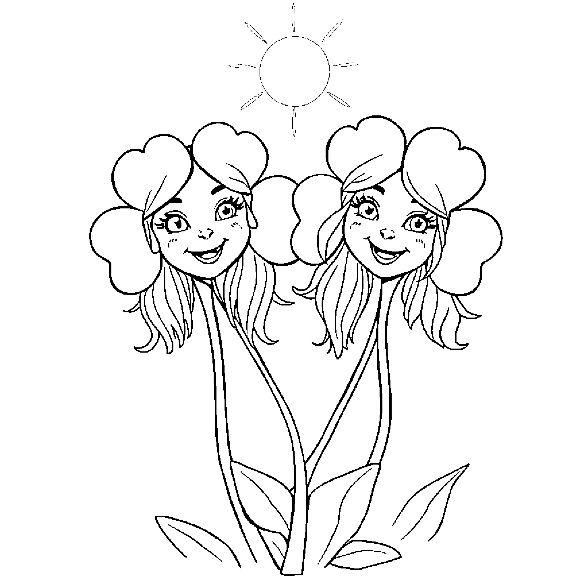 Shamrock Flower Girls Enjoying Sunshine Coloring Page (free black-and-white line drawing printable PDF for all, from beginners to advanced learners, including children, teens, adults, and seniors)