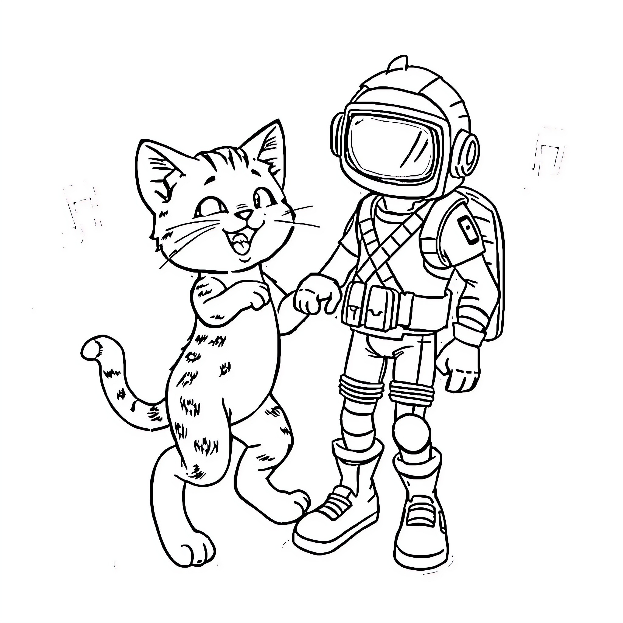 Kitty and astronaut playing together Coloring Page (free black-and-white line drawing printable PDF for all, from beginners to advanced learners, including children, teens, adults, and seniors)