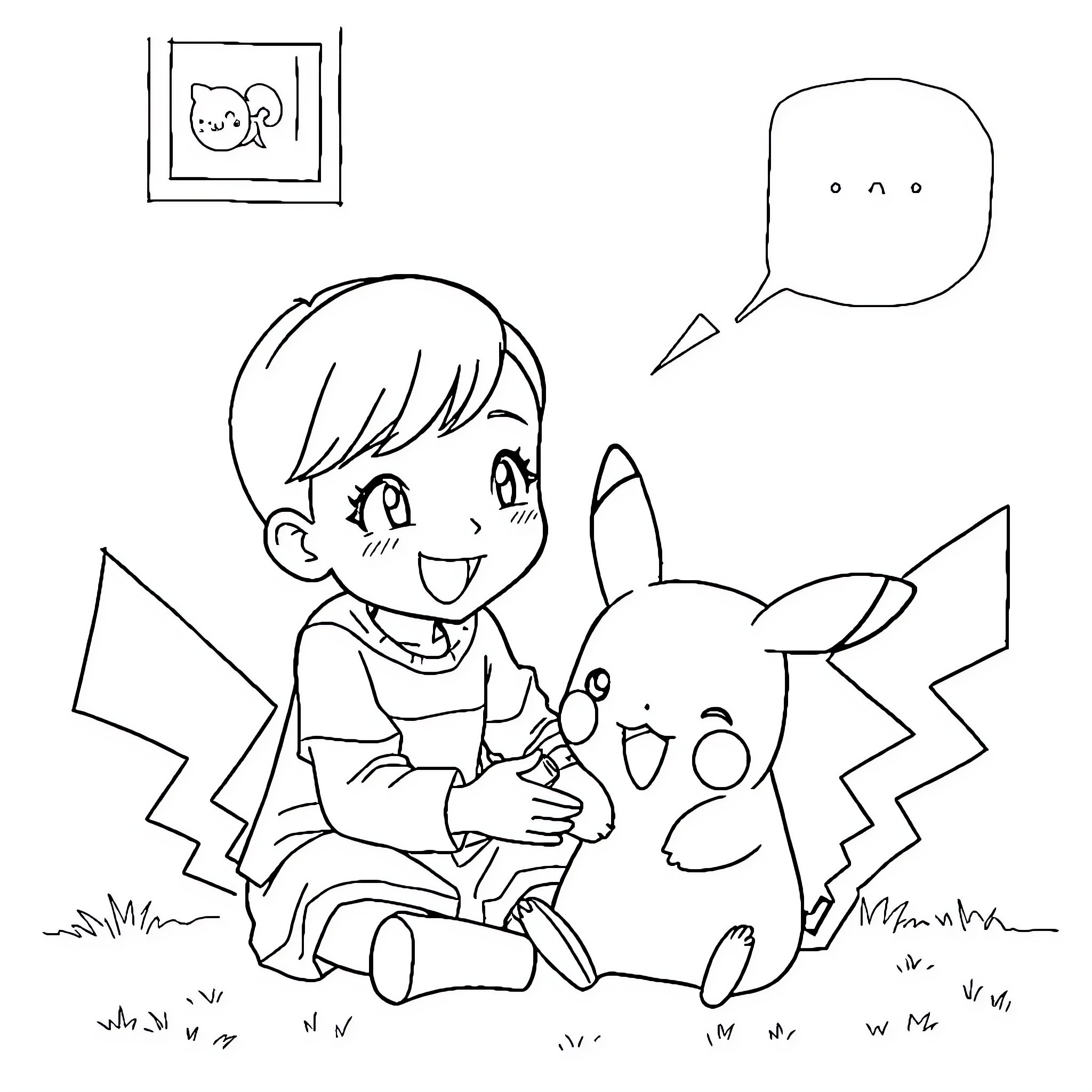 Gaby enjoying playtime with Pikachu Coloring Page (free black-and-white line drawing printable PDF for all, from beginners to advanced learners, including children, teens, adults, and seniors)