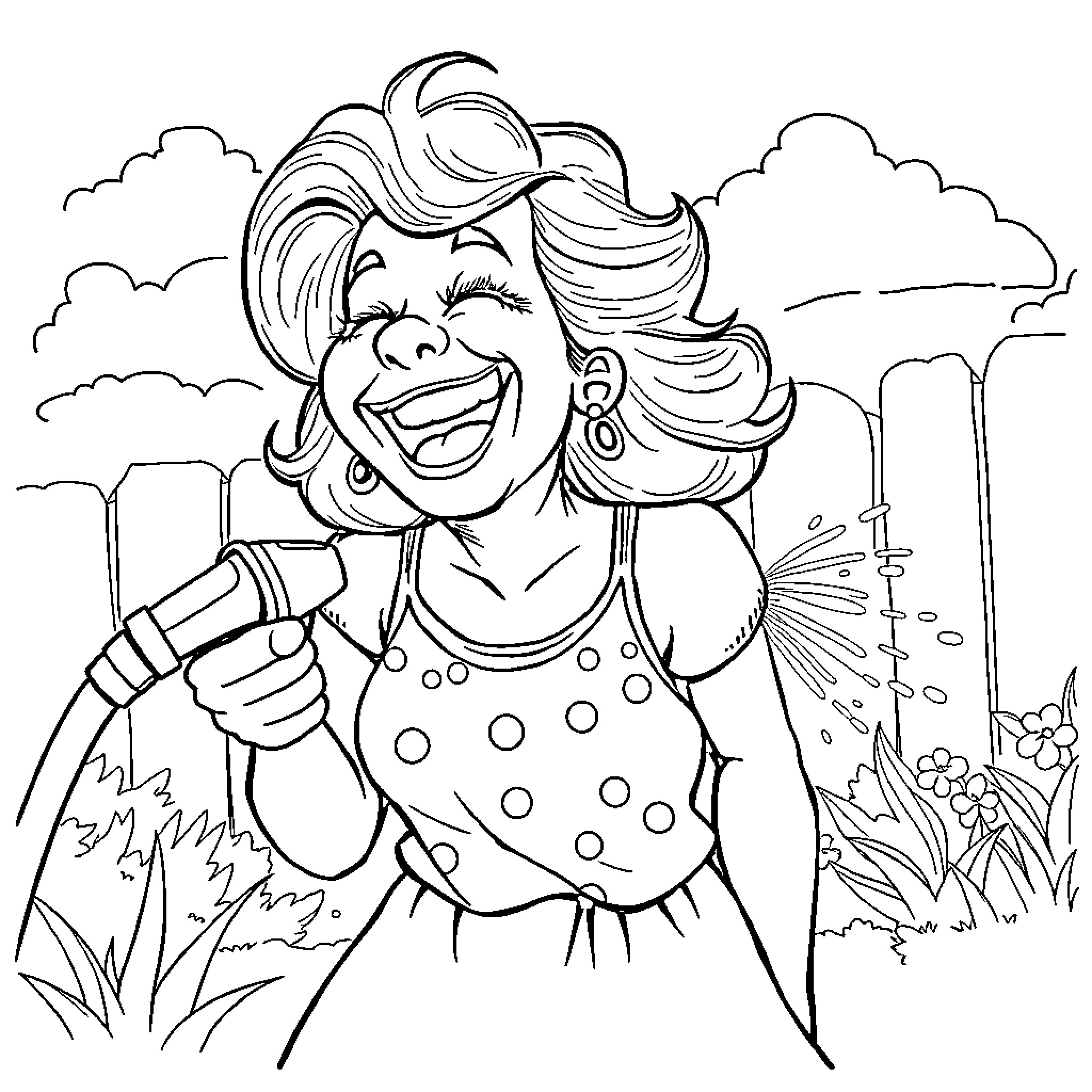 Thelma enjoying a playful moment in nature Coloring Page (free black-and-white line drawing printable PDF for all, from beginners to advanced learners, including children, teens, adults, and seniors)