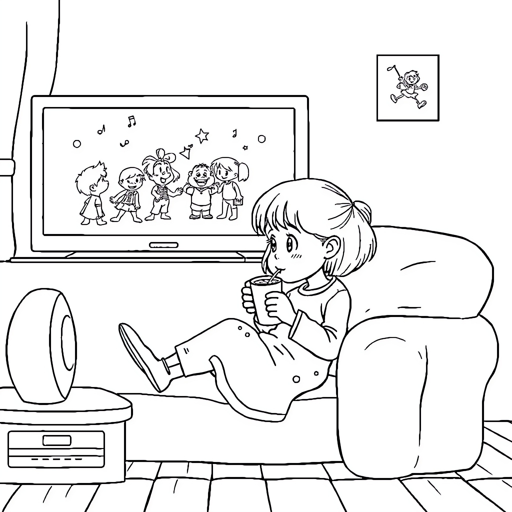 Fille watching animated characters on television Coloring Page (free black-and-white line drawing printable PDF for all, from beginners to advanced learners, including children, teens, adults, and seniors)