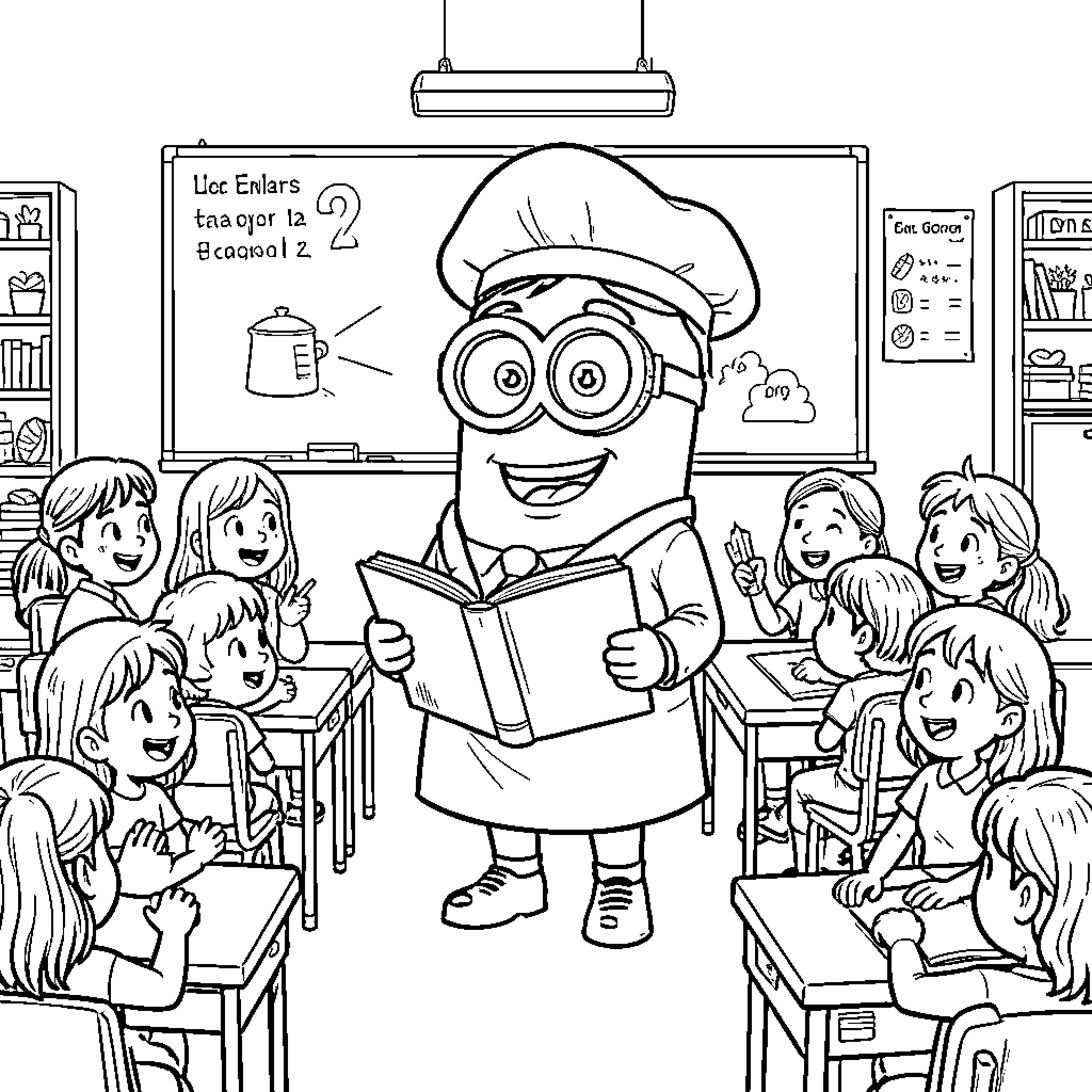 Minion teacher reading a book to classroom students Coloring Page (free black-and-white line drawing printable PDF for all, from beginners to advanced learners, including children, teens, adults, and seniors)