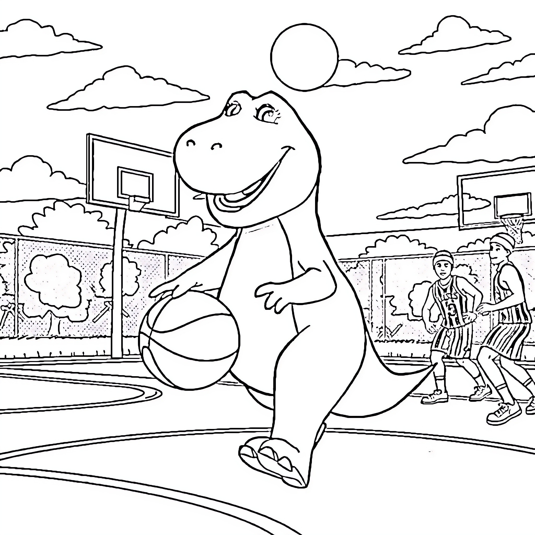 Barney playing basketball joyfully on the court Coloring Page (free black-and-white line drawing printable PDF for all, from beginners to advanced learners, including children, teens, adults, and seniors)