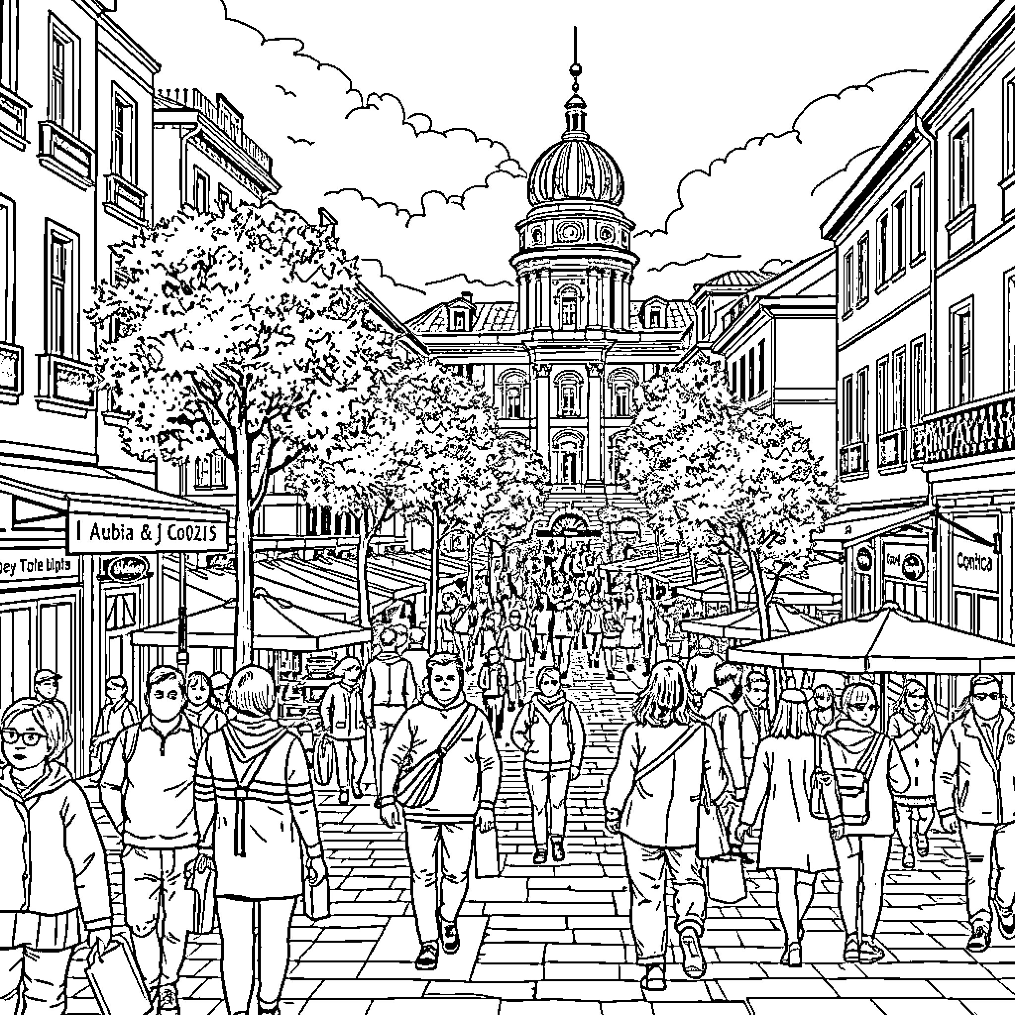 City of bustling activity and architectural grandeur Coloring Page (free black-and-white line drawing printable PDF for all, from beginners to advanced learners, including children, teens, adults, and seniors)