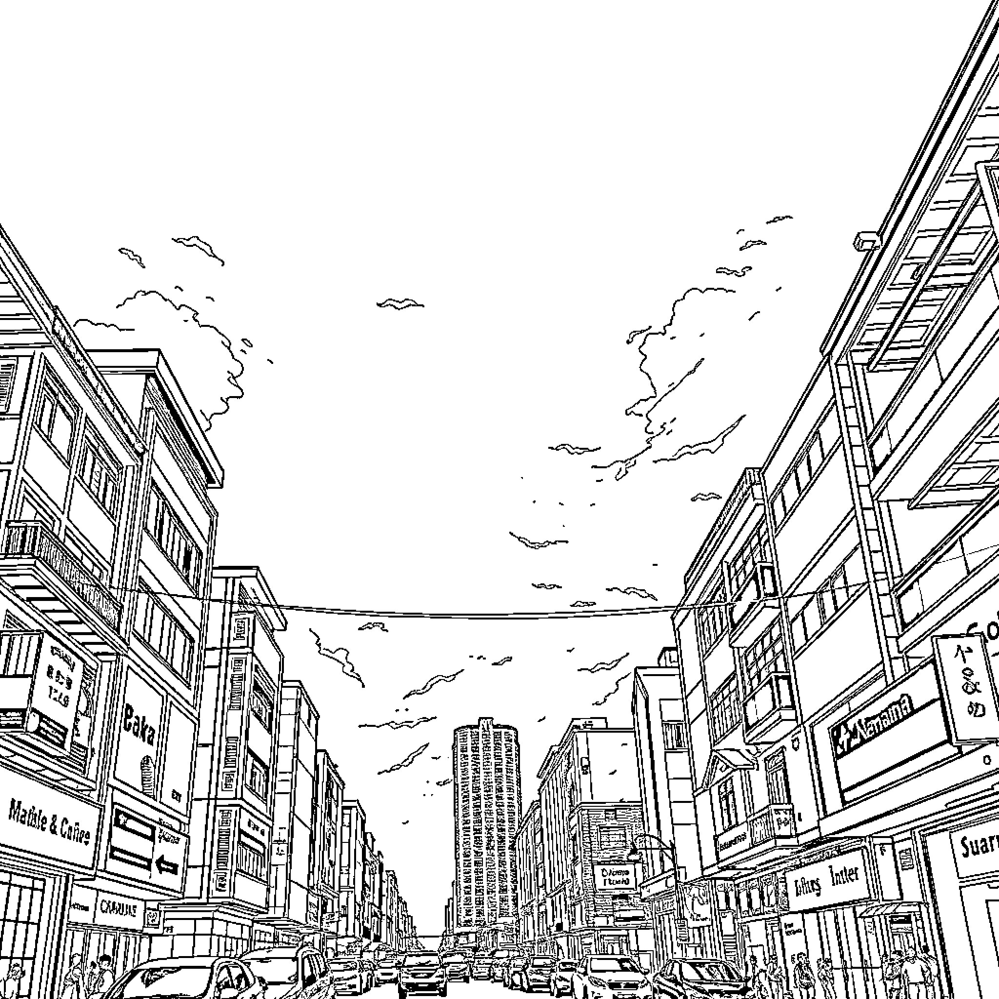 Blue Cityscape with Bustling Streets and Skyscrapers Coloring Page (free black-and-white line drawing printable PDF for all, from beginners to advanced learners, including children, teens, adults, and seniors)
