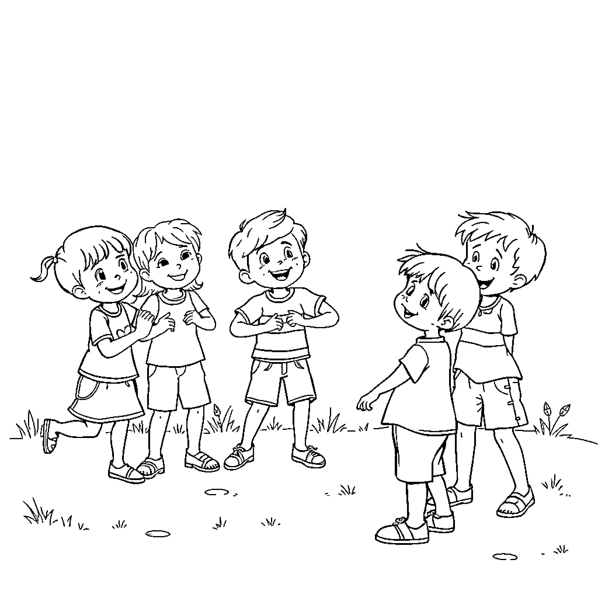 Kid friends playing together outdoors Coloring Page (free black-and-white line drawing printable PDF for all, from beginners to advanced learners, including children, teens, adults, and seniors)